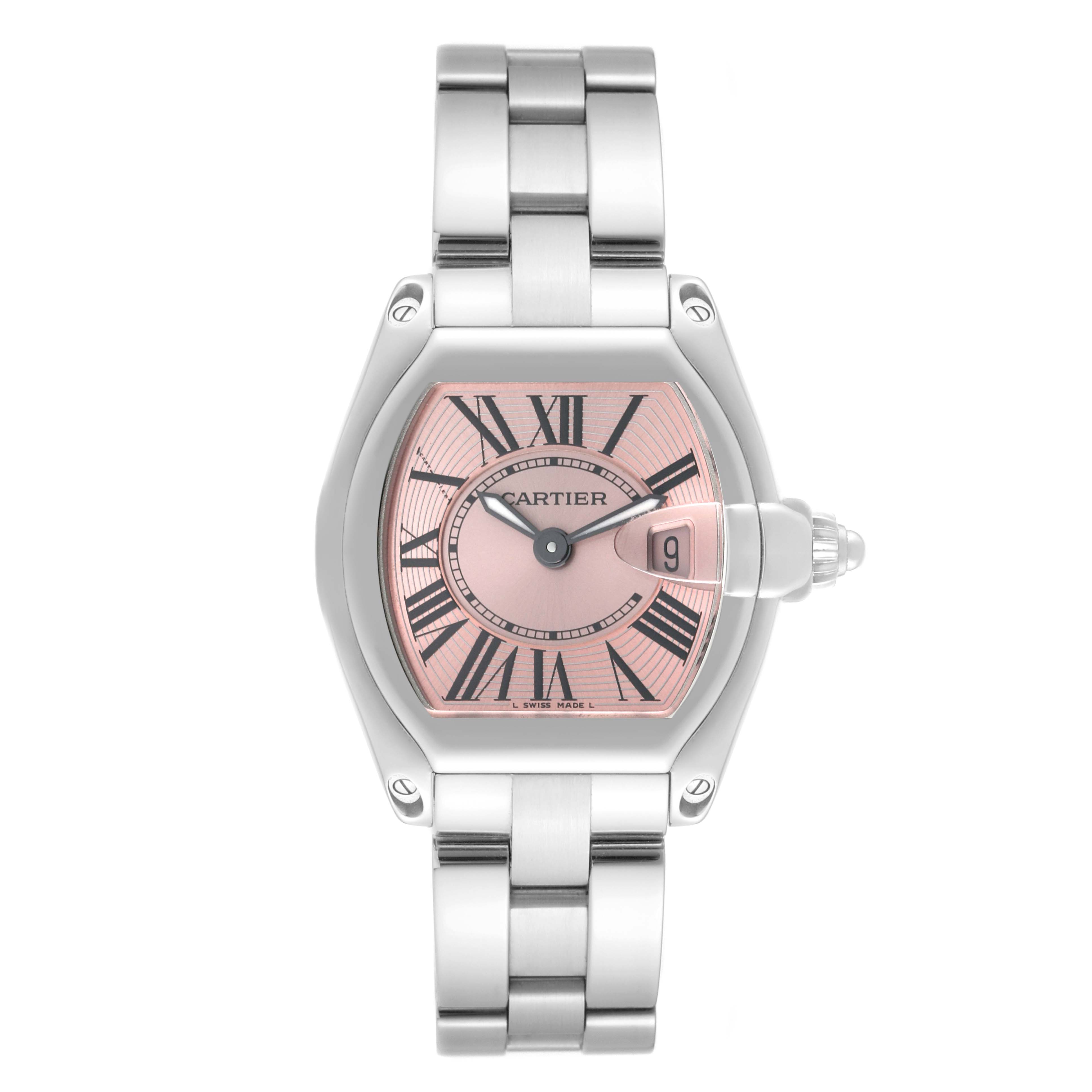 The Cartier Roadster W62017V3 Women's Stainless Steel Pink Dial W62017V3 Women's Stainless Steel Pink Dial watch is shown from a front angle, displaying its face, dial, and full metal band.