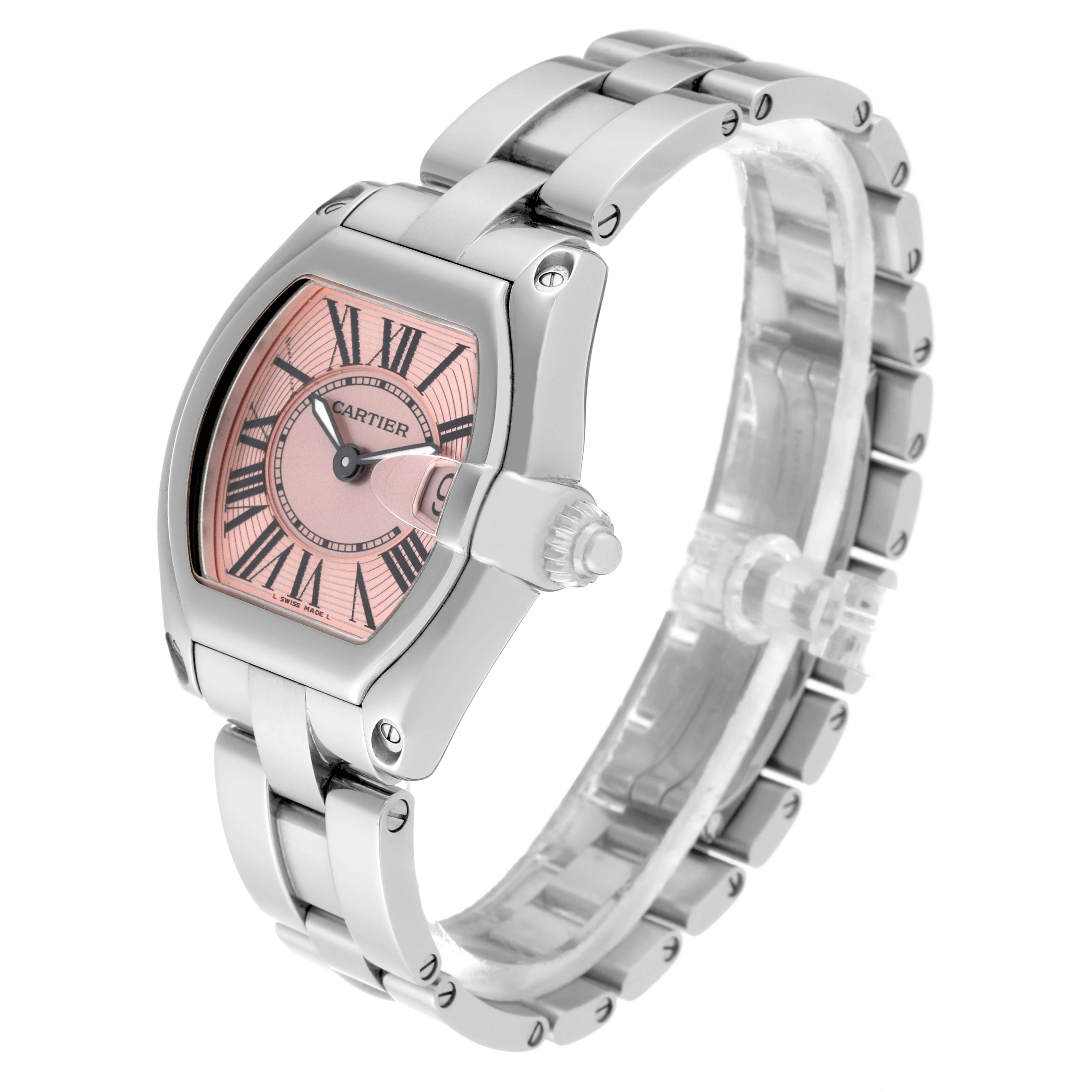 The Cartier Roadster W62017V3 Women's Stainless Steel Pink Dial W62017V3 Women's Stainless Steel Pink Dial watch is shown at an oblique angle, displaying the face, crown, and stainless steel bracelet.
