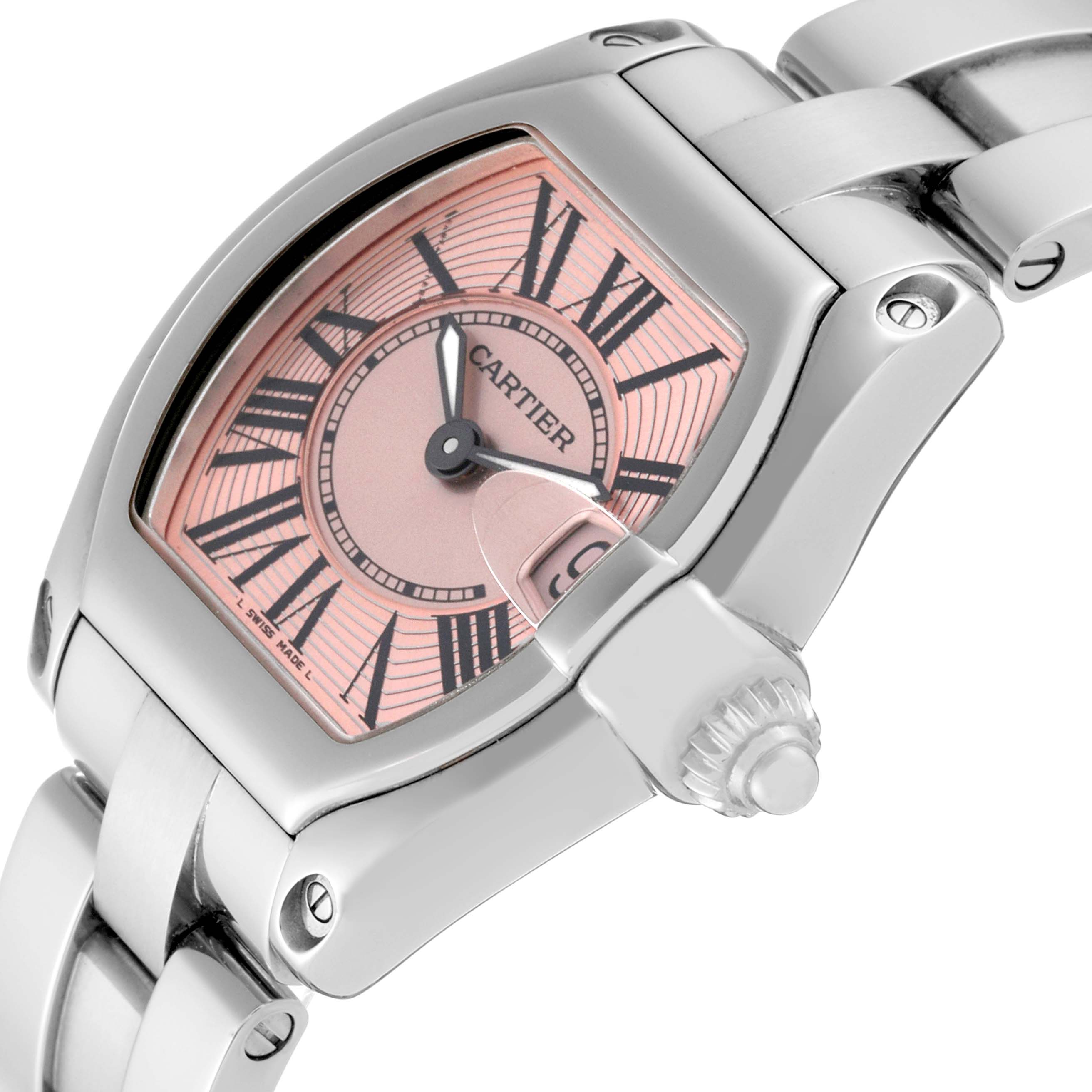 The image shows a close-up angled view of the dial, case, and part of the bracelet of the Cartier Roadster W62017V3 Women's Stainless Steel Pink Dial W62017V3 Women's Stainless Steel Pink Dial watch.