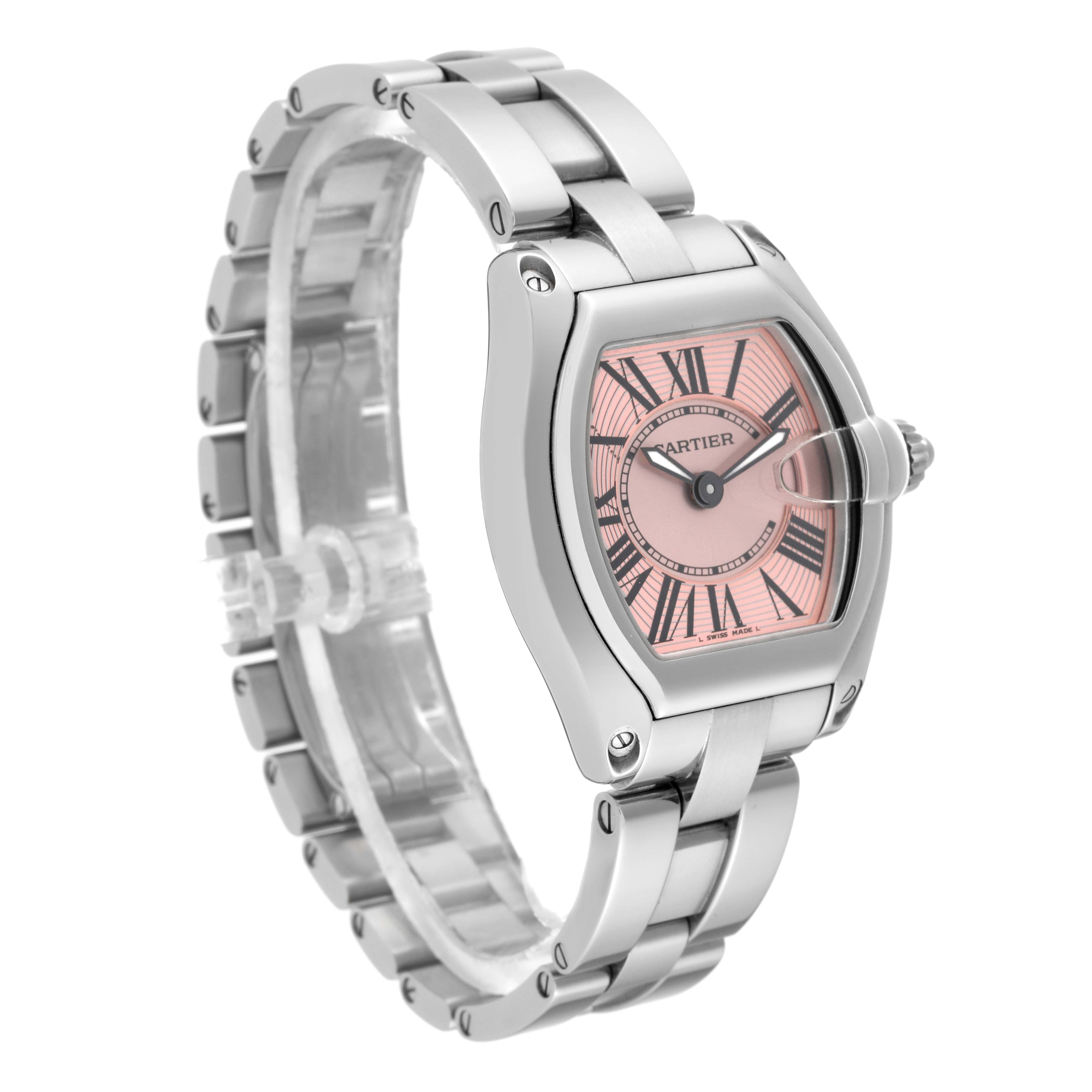 This image shows the Cartier Roadster W62017V3 Women's Stainless Steel Pink Dial W62017V3 Women's Stainless Steel Pink Dial watch at an angled side view, highlighting its pink dial and metal bracelet.