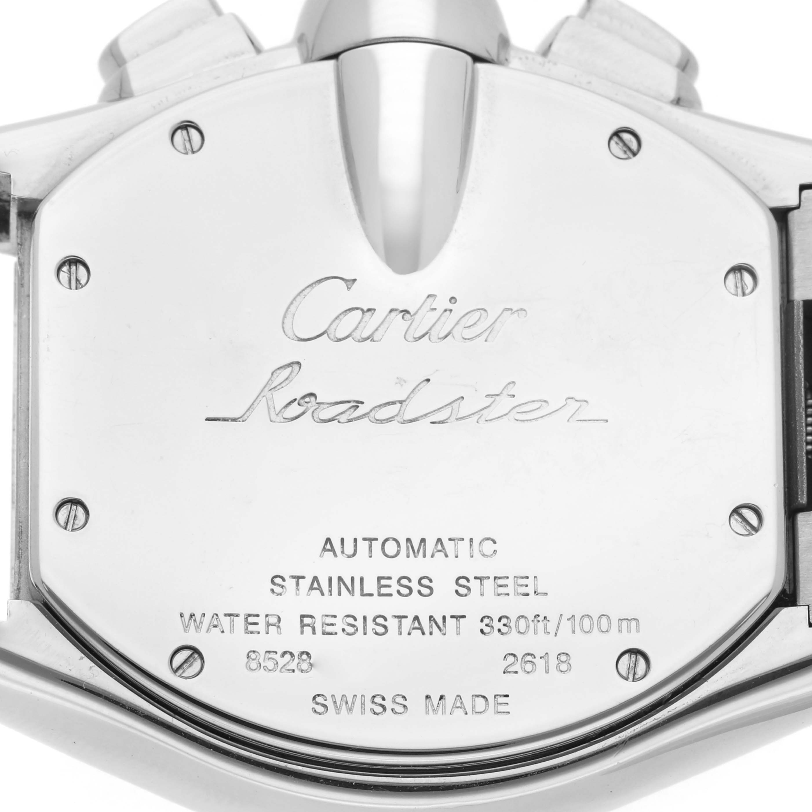 The image shows the back case of the Cartier Roadster W62020X6 Men
s Stainless Steel Black Dial W62020X6 Men
s Stainless Steel Black Dial watch, featuring engraved information about its specifications.