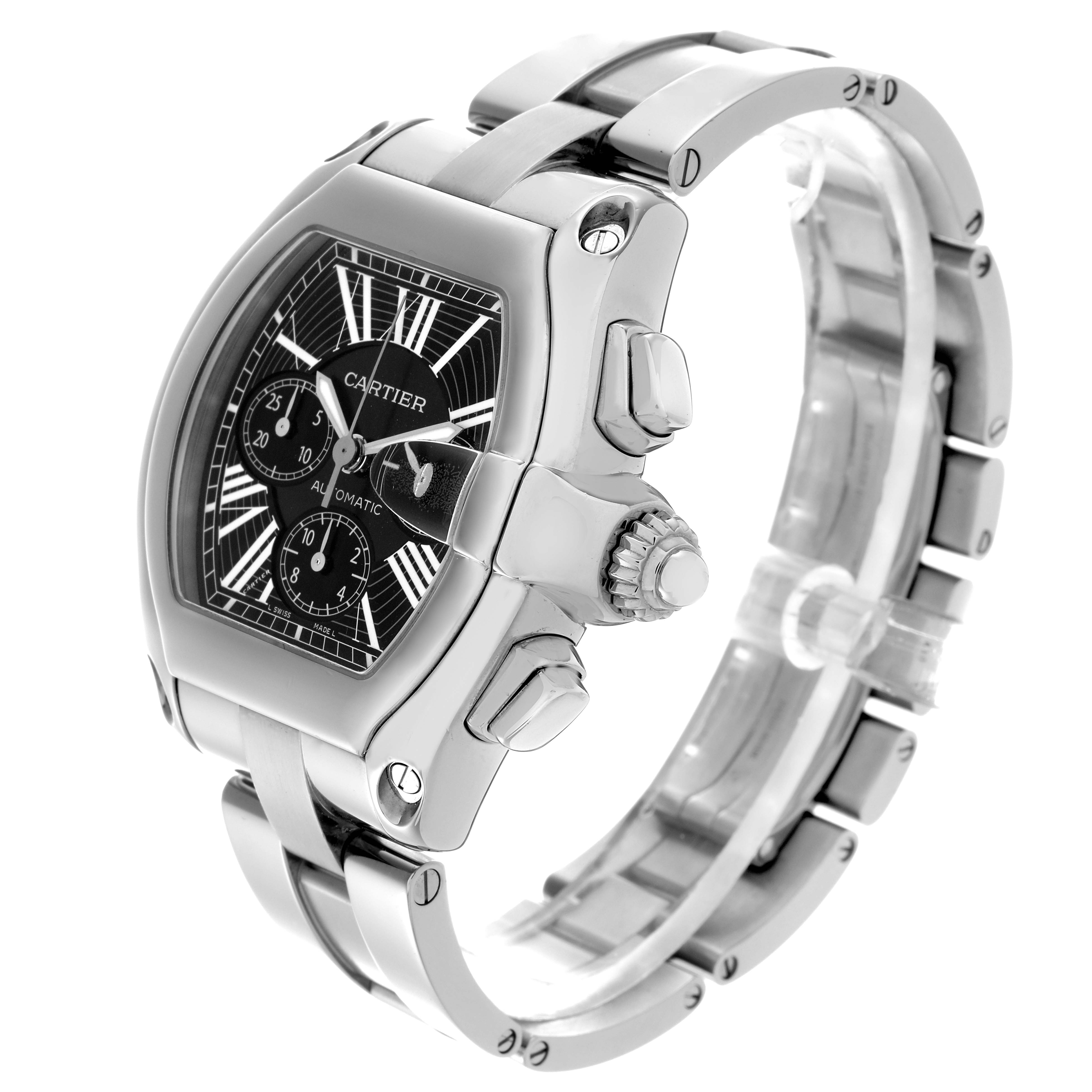 The Cartier Roadster W62020X6 Men
s Stainless Steel Black Dial W62020X6 Men
s Stainless Steel Black Dial watch is shown at an angle highlighting its dial, crown, pushers, and bracelet.