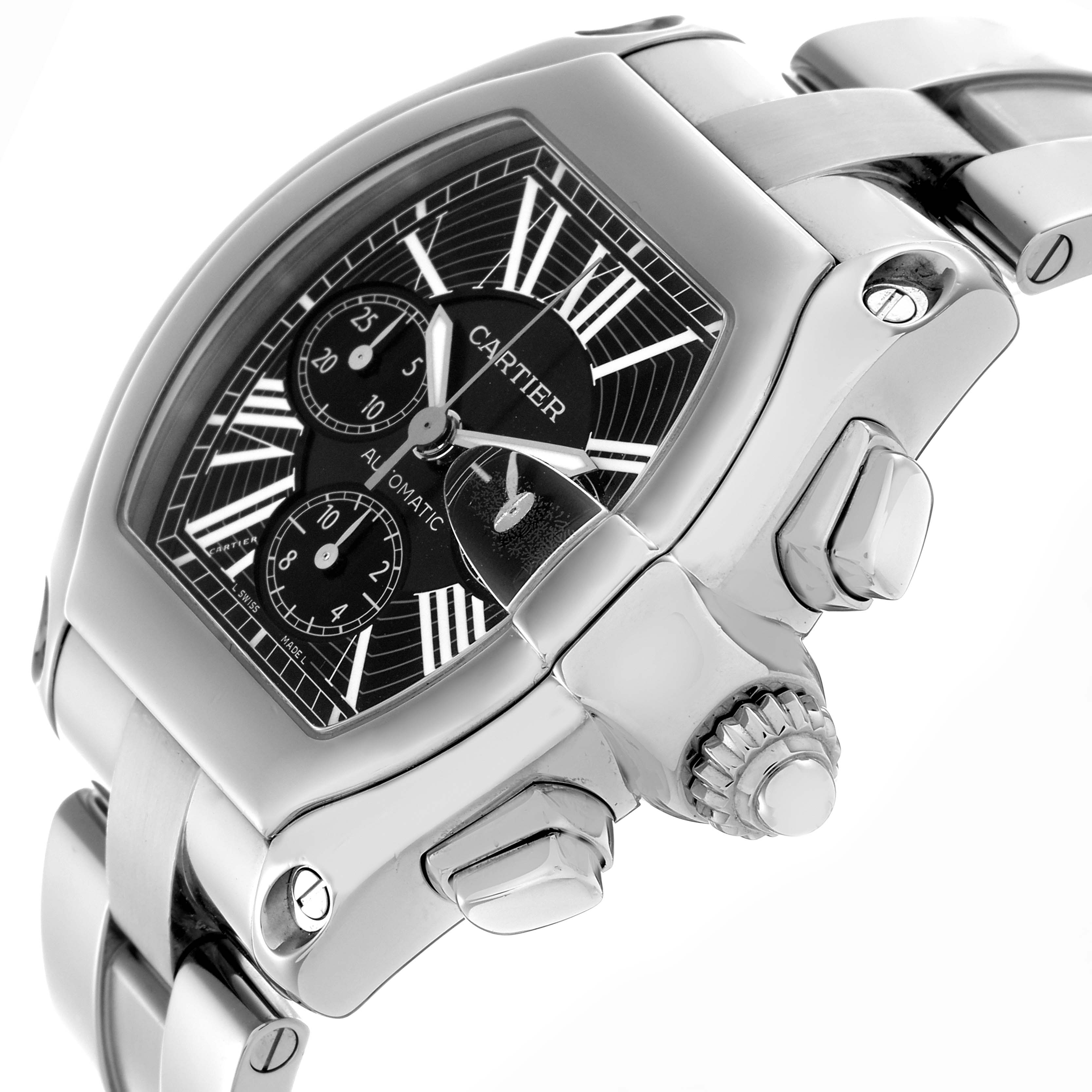 The Cartier Roadster W62020X6 Men
s Stainless Steel Black Dial W62020X6 Men
s Stainless Steel Black Dial watch is shown at an angled side view, highlighting the dial, crown, and stainless steel bracelet.