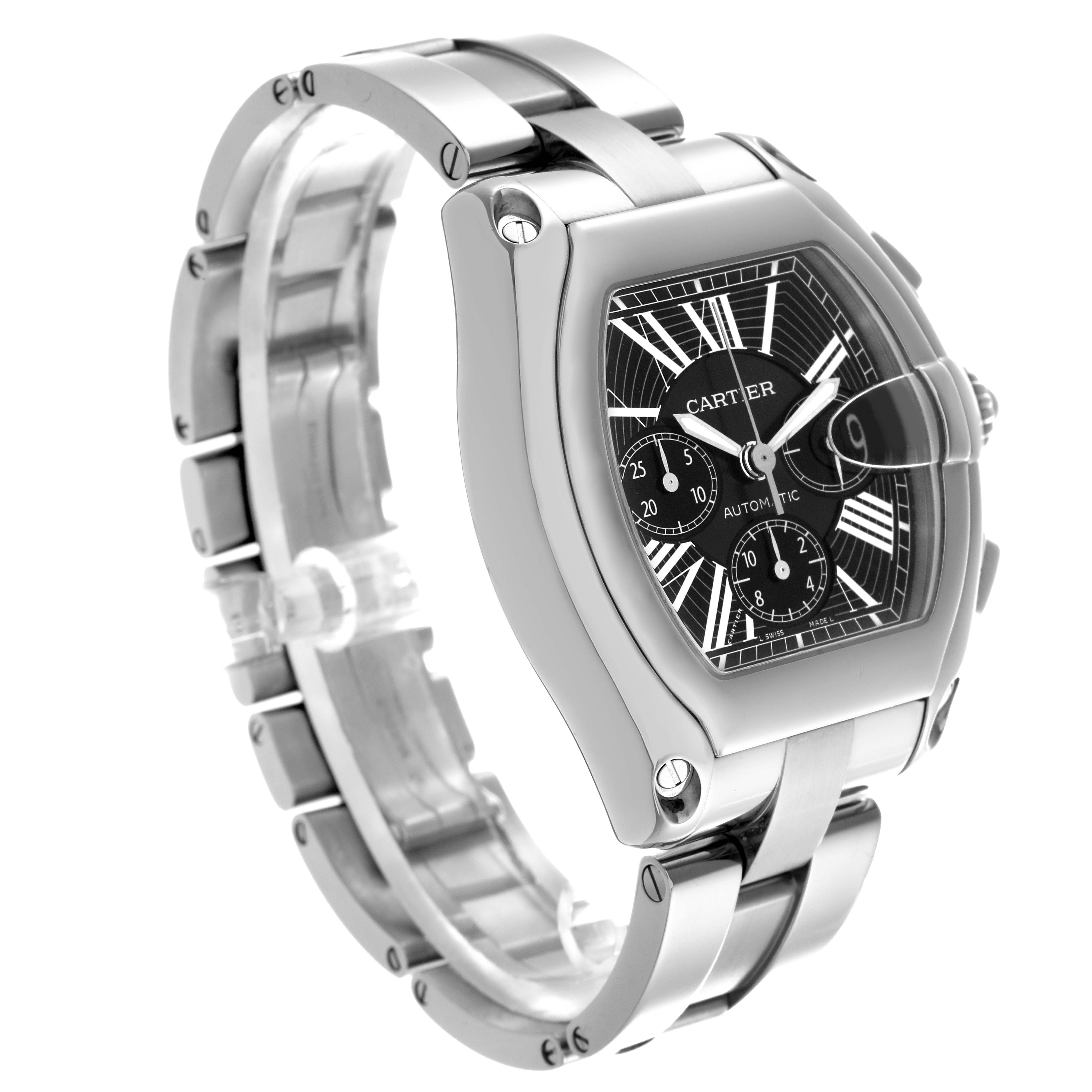 The Cartier Roadster W62020X6 Men
s Stainless Steel Black Dial W62020X6 Men
s Stainless Steel Black Dial watch is shown at a three-quarter angle highlighting the face, case, and bracelet links.