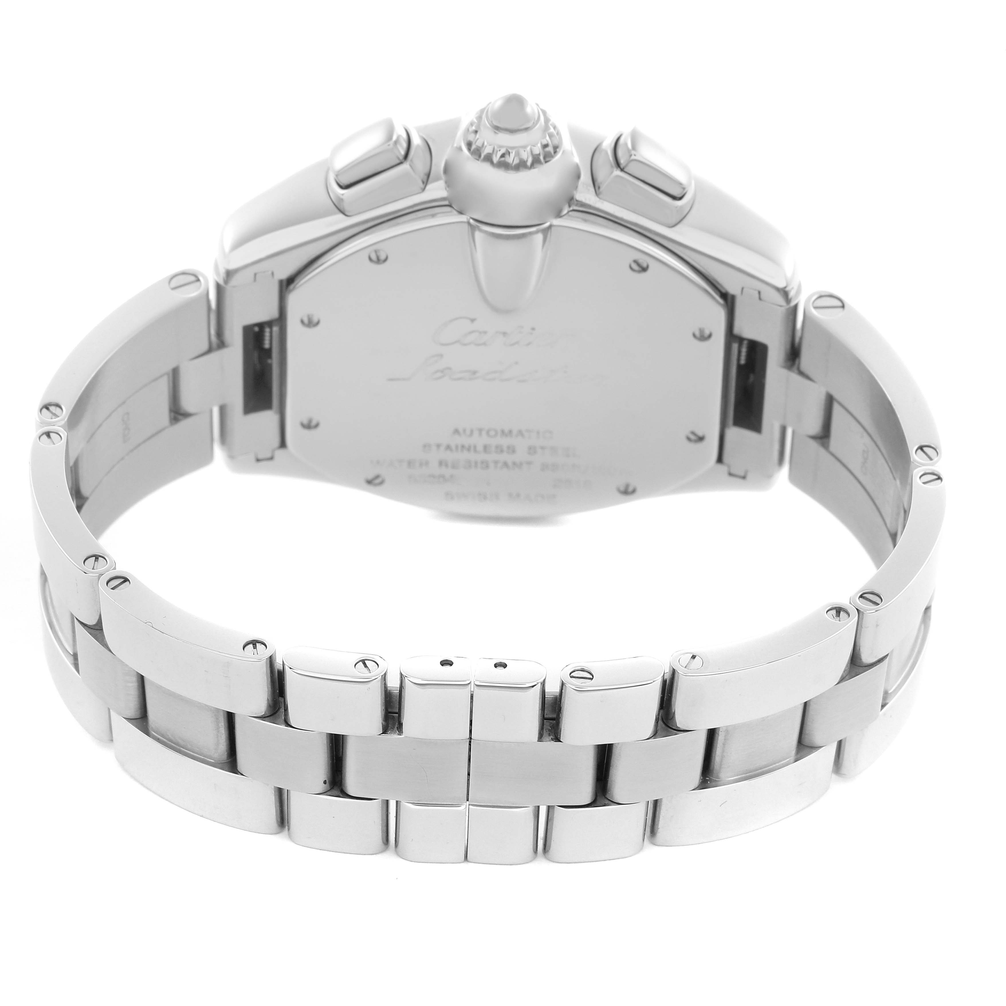 The Cartier Roadster W62020X6 Men
s Stainless Steel Black Dial W62020X6 Men
s Stainless Steel Black Dial watch is shown from the back, highlighting the case back, crown, and stainless steel bracelet.