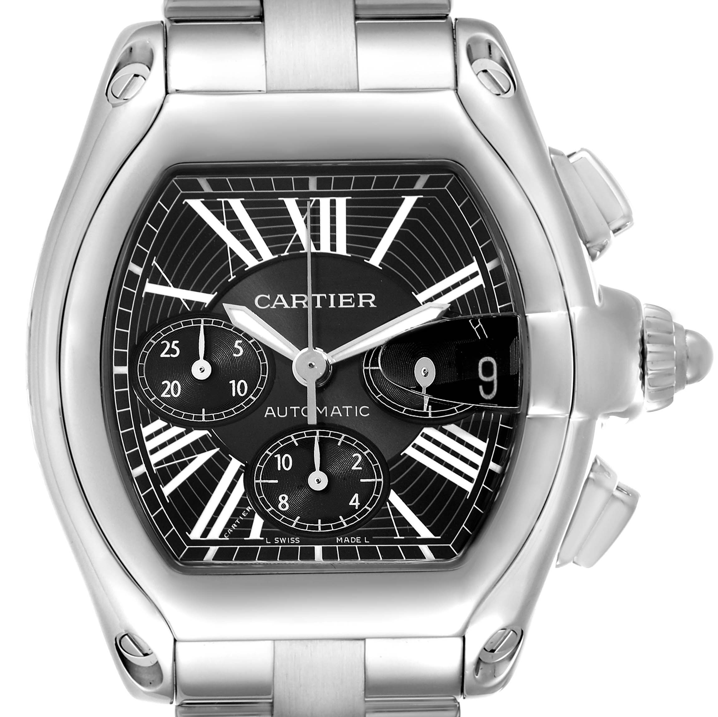 The image shows a frontal view of the Cartier Roadster W62020X6 Men
s Stainless Steel Black Dial W62020X6 Men
s Stainless Steel Black Dial watch, highlighting its dial, subdials, date window, and crown.