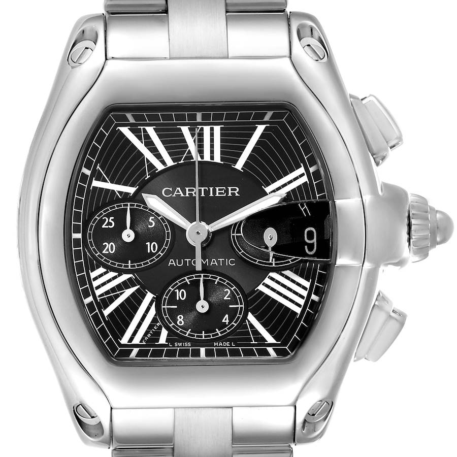 The image shows a frontal view of the Cartier Roadster watch, highlighting its dial, subdials, date window, and crown.