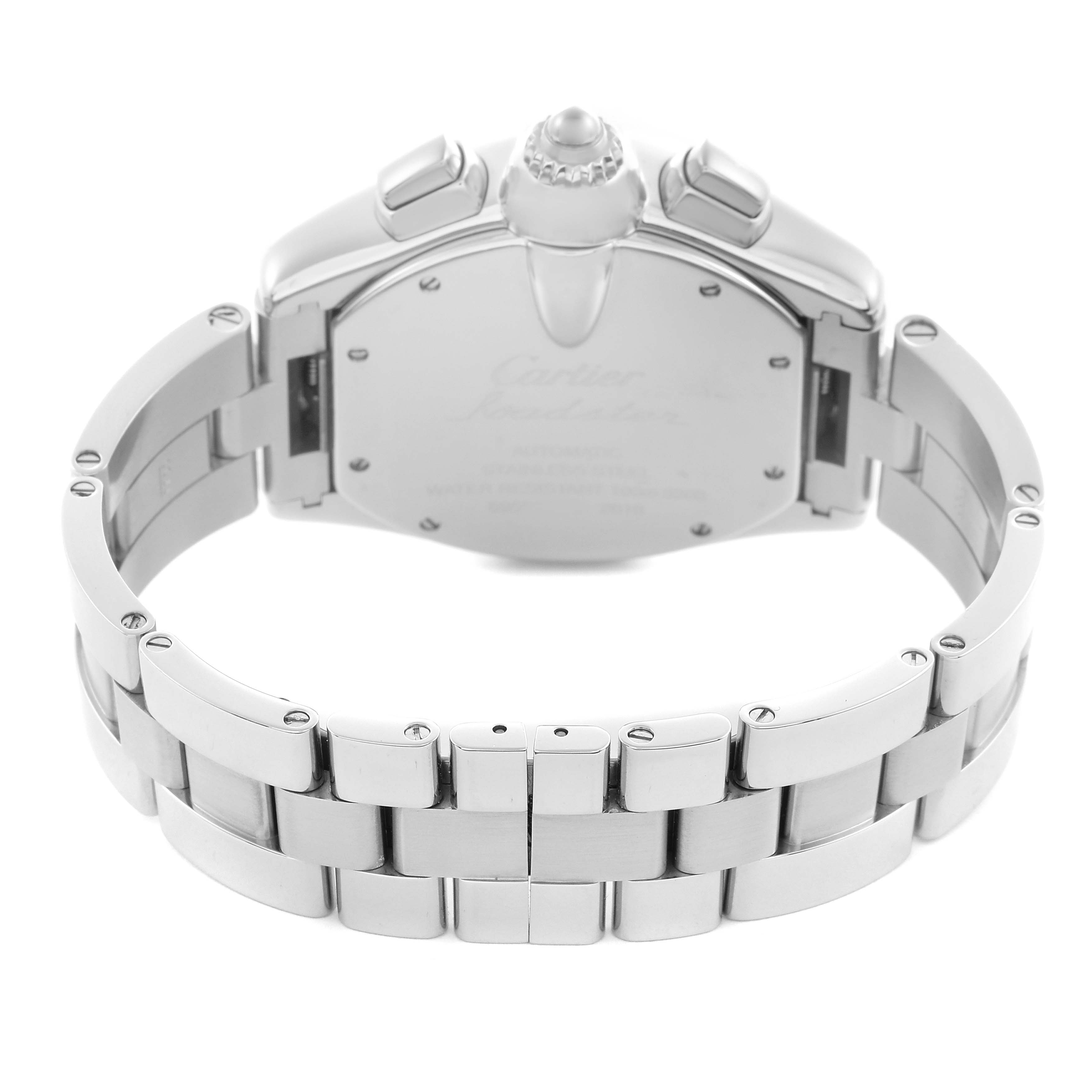 The image shows the back view of a Cartier Roadster W62020X6 Men
s Stainless Steel Black Dial W62020X6 Men
s Stainless Steel Black Dial watch, highlighting the stainless steel bracelet and clasp.