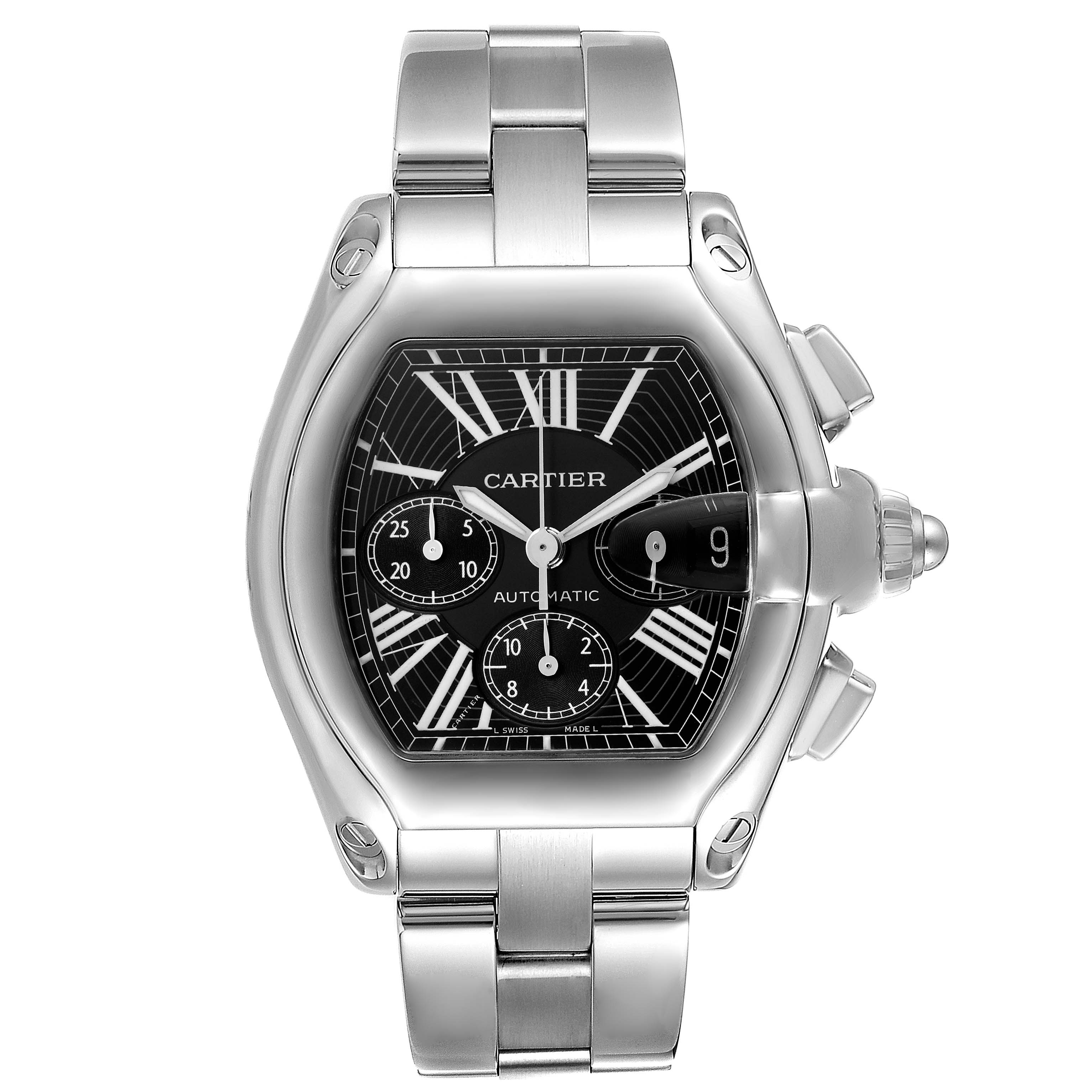 The Cartier Roadster W62020X6 Men
s Stainless Steel Black Dial W62020X6 Men
s Stainless Steel Black Dial watch is shown from a straight-on angle, featuring the dial, case, and bracelet.