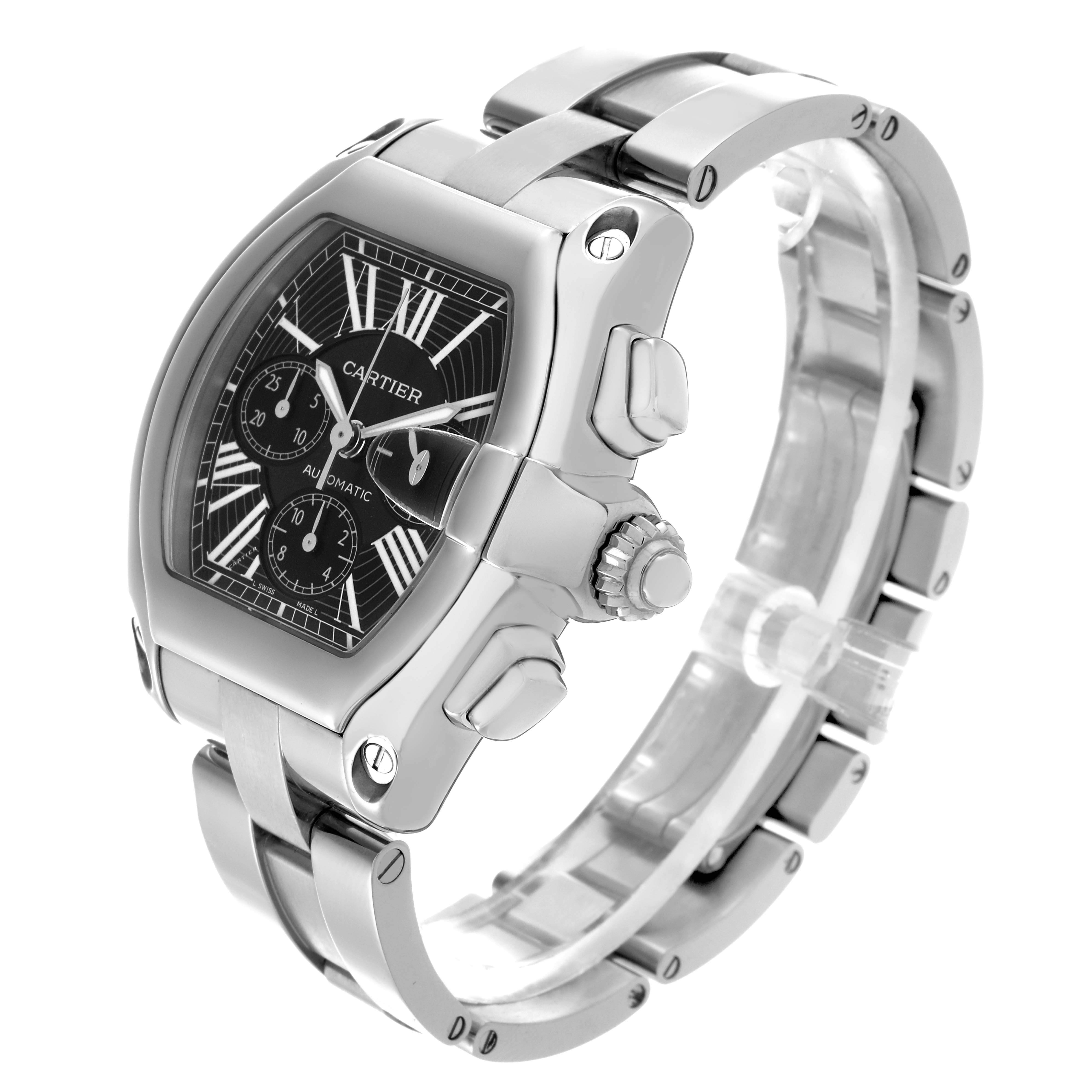 The image shows a Cartier Roadster W62020X6 Men
s Stainless Steel Black Dial W62020X6 Men
s Stainless Steel Black Dial watch at a three-quarter angle, displaying the face, crown, and bracelet.
