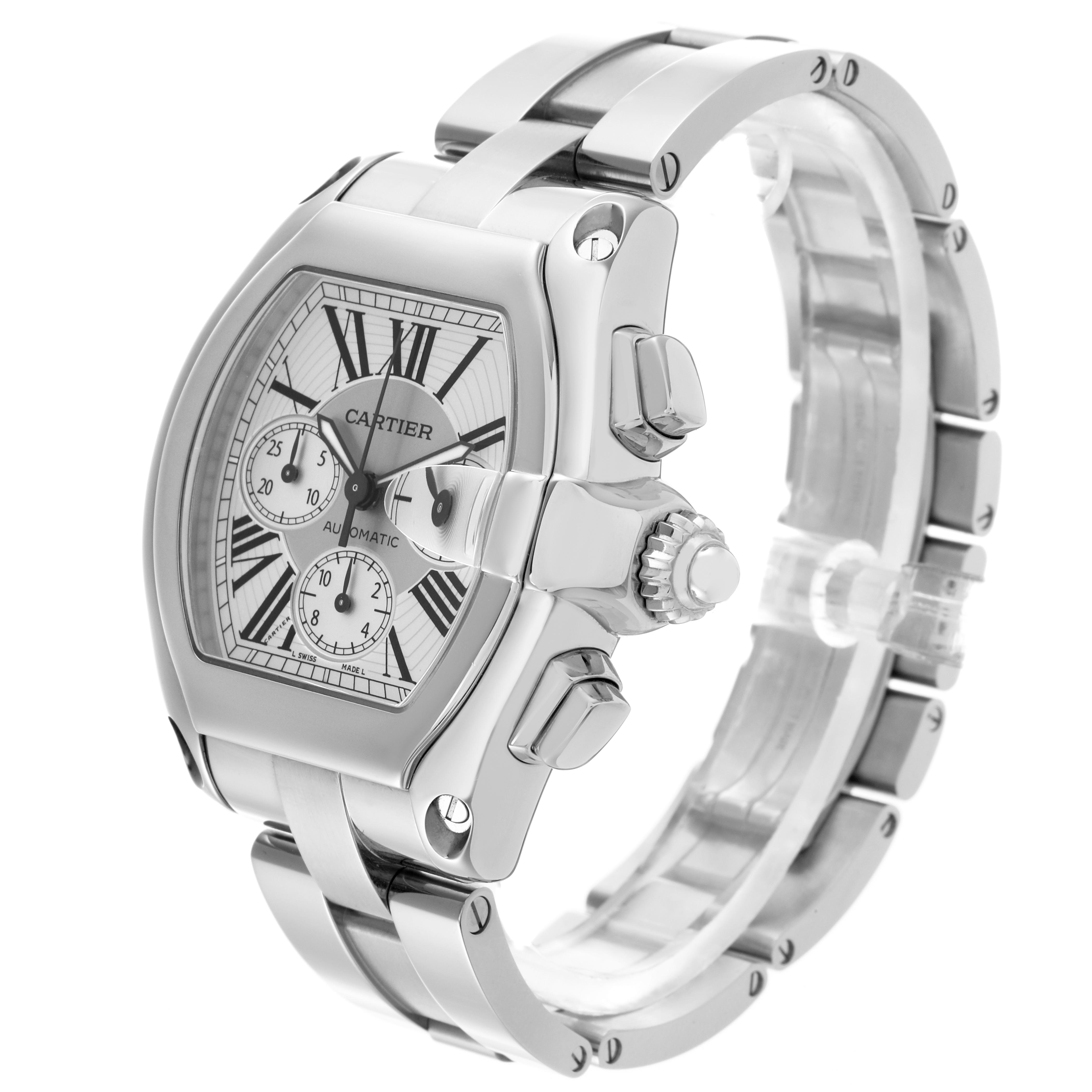 The Cartier Roadster W62019X6 Men
s Stainless Steel Silver Dial W62019X6 Men
s Stainless Steel Silver Dial watch is shown at an angled view, displaying the face, crown, and part of the bracelet.