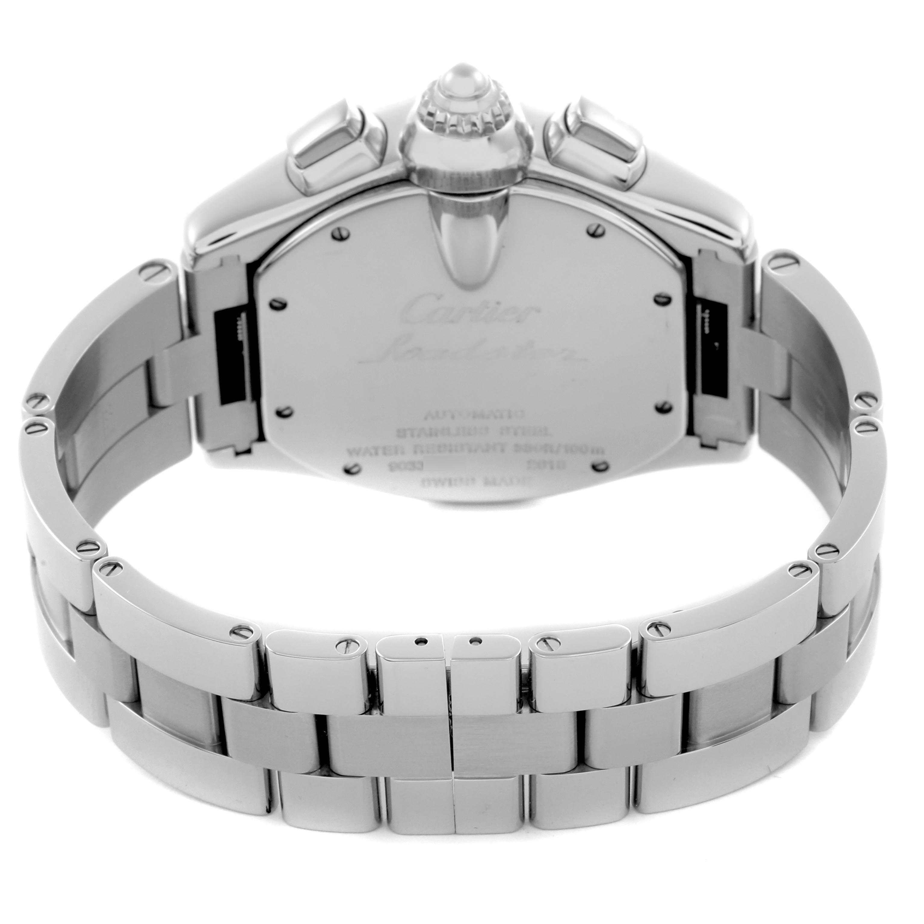 The image shows the back view of the Cartier Roadster W62019X6 Men
s Stainless Steel Silver Dial W62019X6 Men
s Stainless Steel Silver Dial watch, focusing on its stainless steel case, bracelet, and clasp.