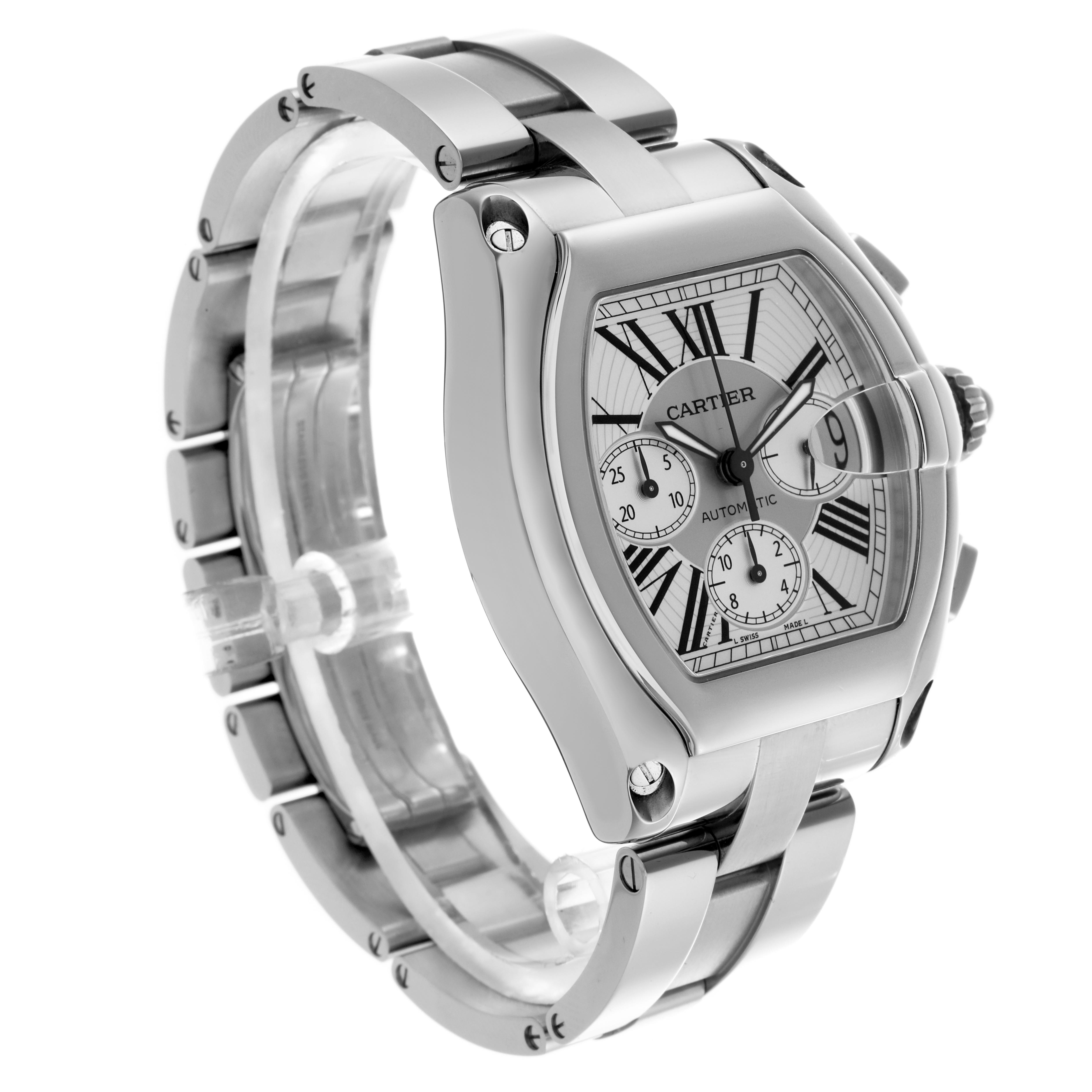 The Cartier Roadster W62019X6 Men
s Stainless Steel Silver Dial W62019X6 Men
s Stainless Steel Silver Dial watch is shown at a three-quarter angle, highlighting its dial, bracelet, and crown.
