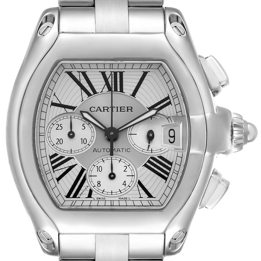 The image shows a front view of the Cartier Roadster watch, featuring the dial, bezel, crown, and part of the bracelet.