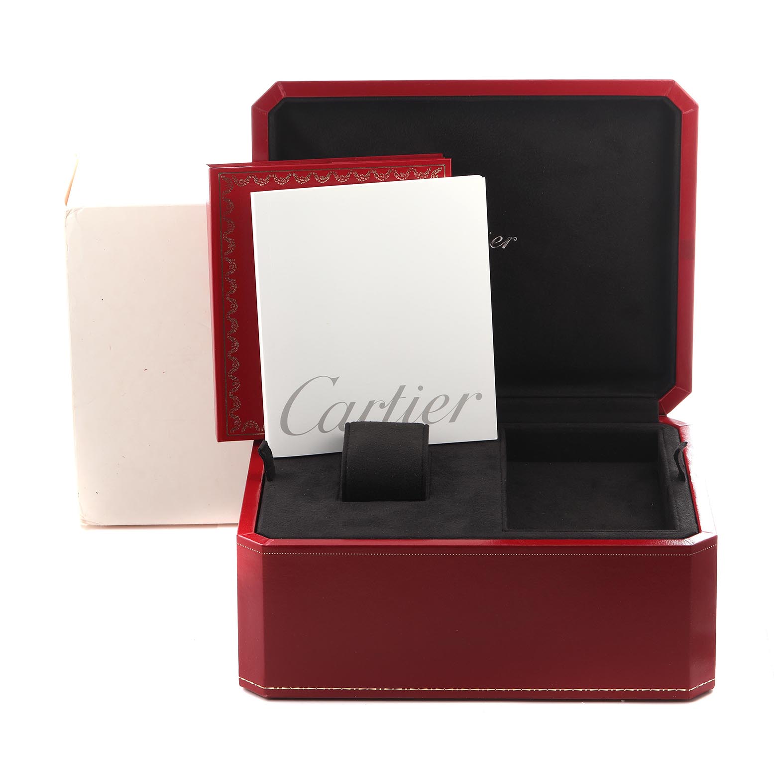 The image shows a Cartier Roadster W62019X6 Men
s Stainless Steel Silver Dial W62019X6 Men
s Stainless Steel Silver Dial watch box and accessories, including a red case, booklet, and cushion.