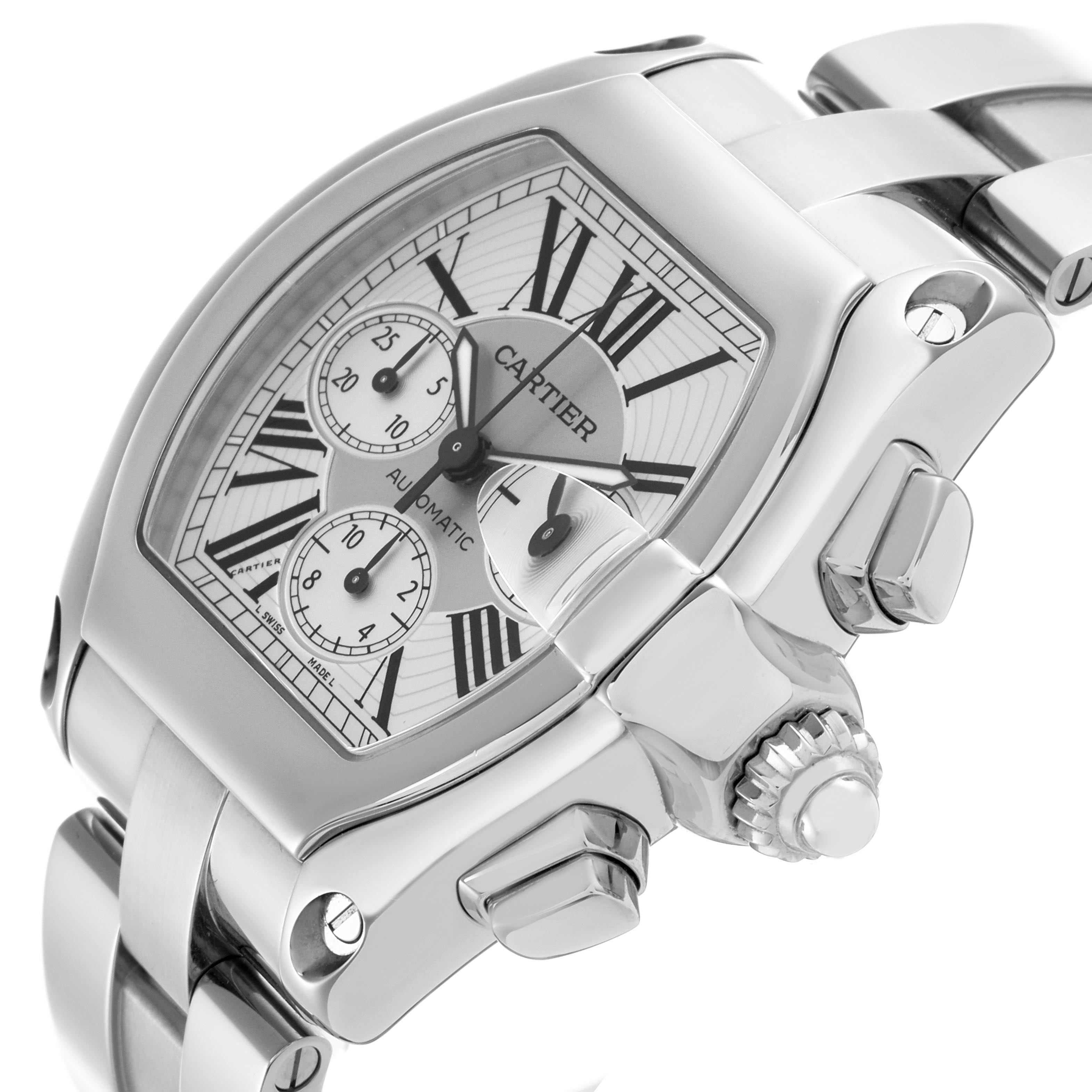 The Cartier Roadster W62019X6 Men
s Stainless Steel Silver Dial W62019X6 Men
s Stainless Steel Silver Dial watch is shown at a slight angle, highlighting the dial, crown, and stainless steel bracelet.