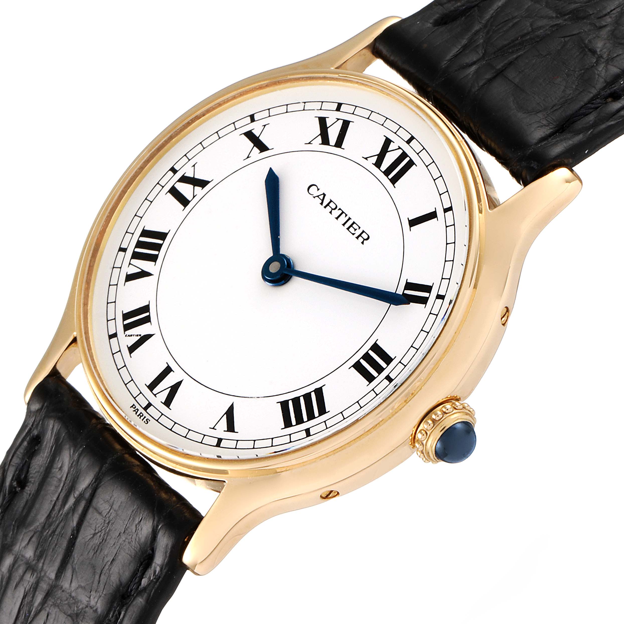 The image shows a Cartier Ronde  Women's Yellow Gold Silver Dial  Women's Yellow Gold Silver Dial model watch from a slight top-left angle, highlighting the dial, hands, case, crown, and leather strap.