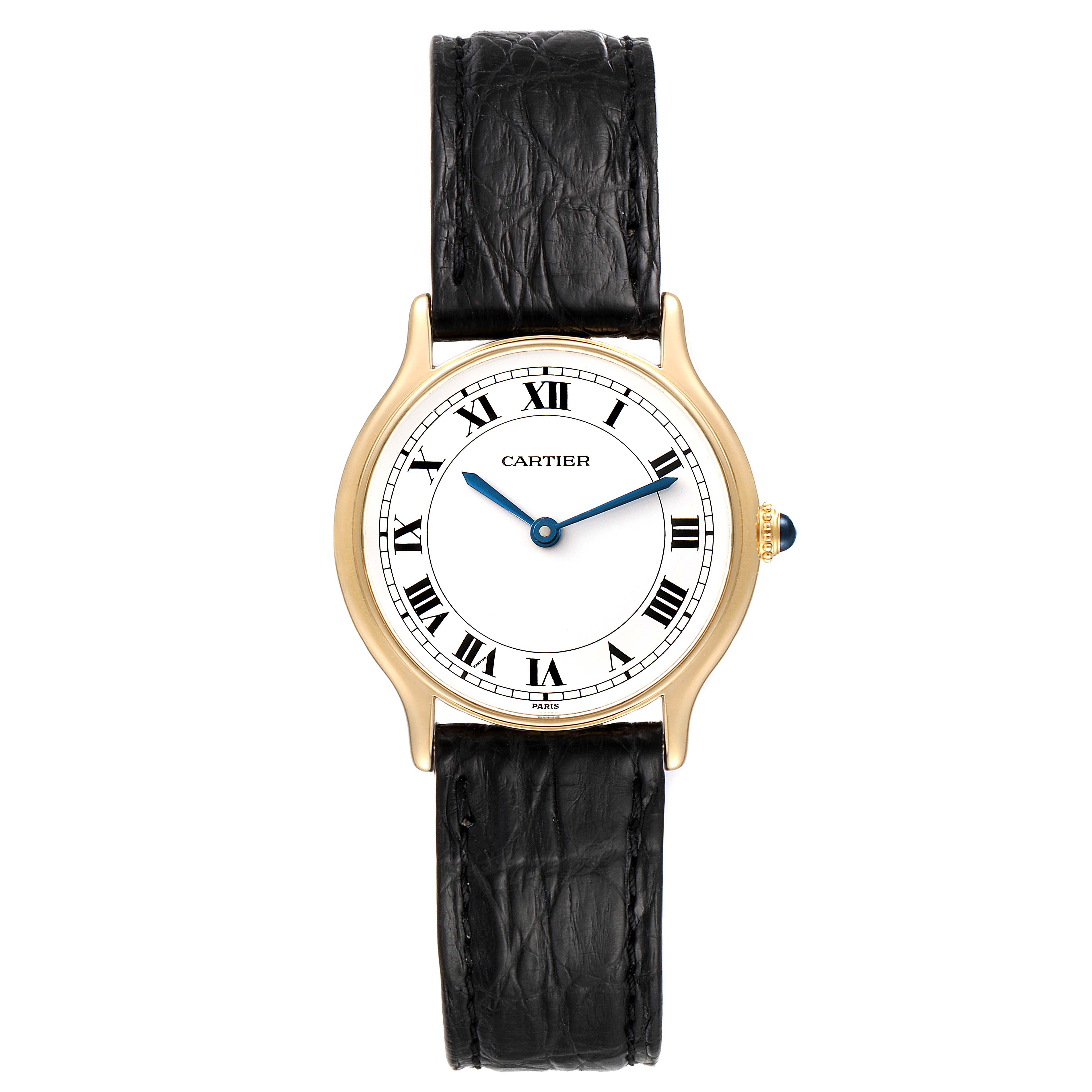 The Cartier Ronde  Women's Yellow Gold Silver Dial  Women's Yellow Gold Silver Dial watch is shown from a top-down angle, displaying its round face, Roman numerals, black leather strap, and gold case.