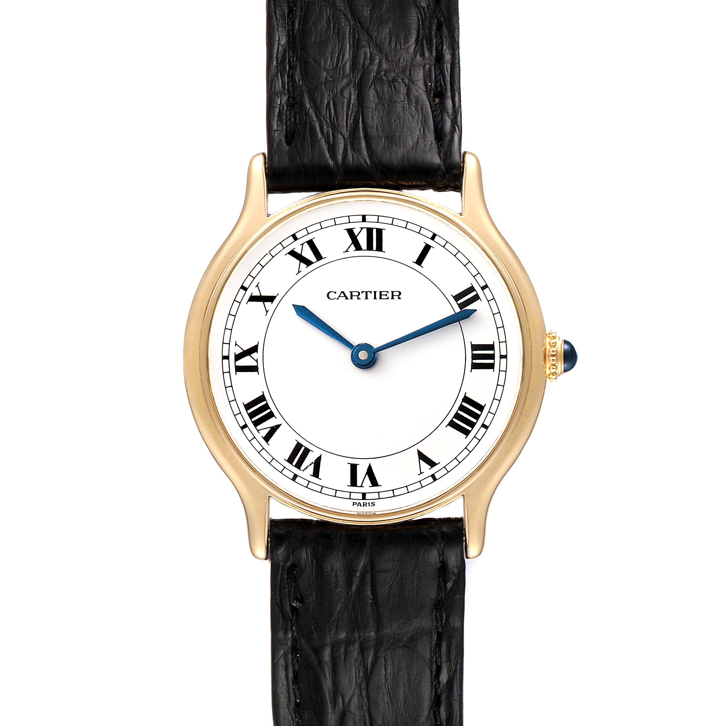 This image shows a frontal view of a Cartier Ronde  Women's Yellow Gold Silver Dial  Women's Yellow Gold Silver Dial watch with a round face, Roman numerals, blue hands, and a black strap.