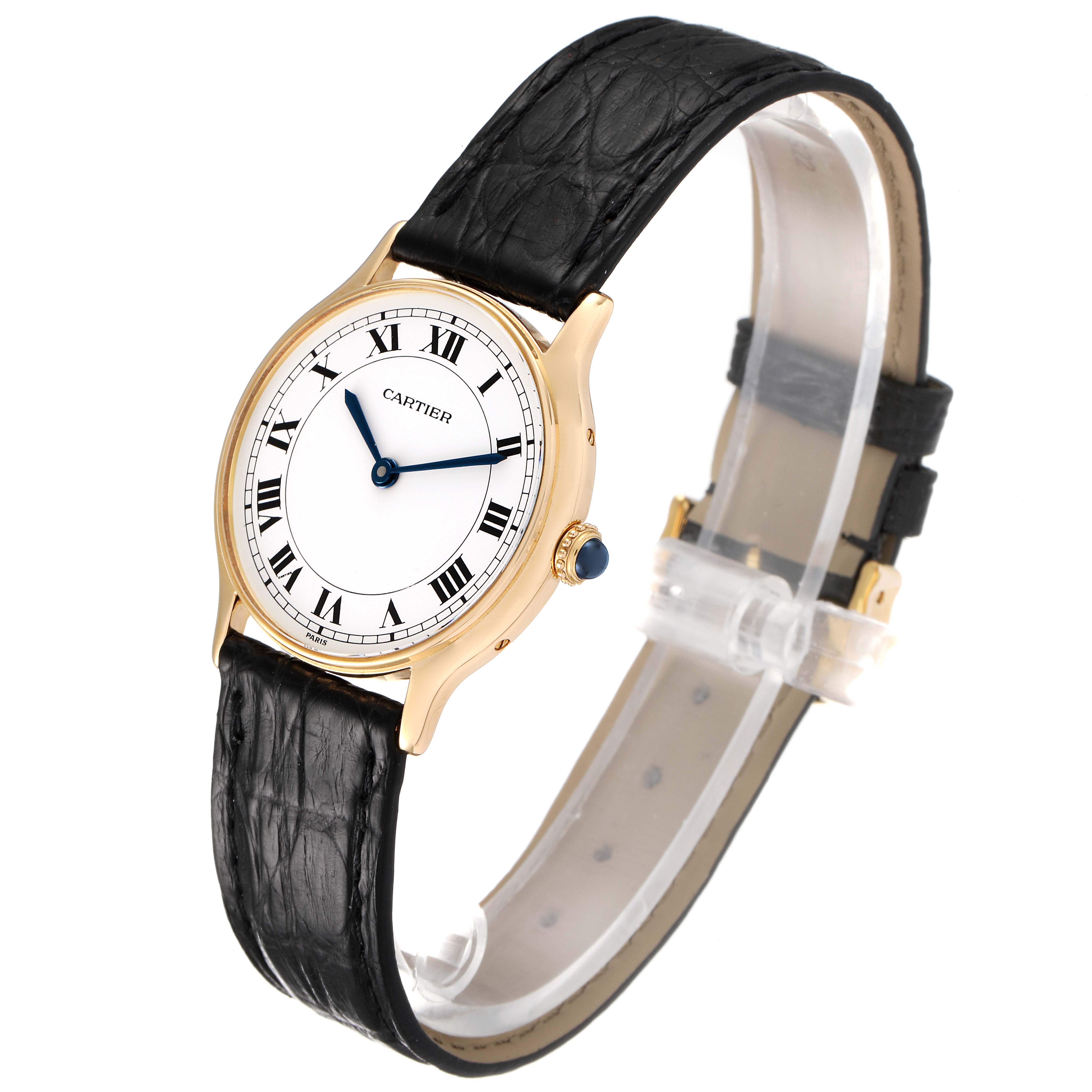 The image shows a side angle view of a Cartier Ronde  Women's Yellow Gold Silver Dial  Women's Yellow Gold Silver Dial model watch, displaying the face, strap, and crown.