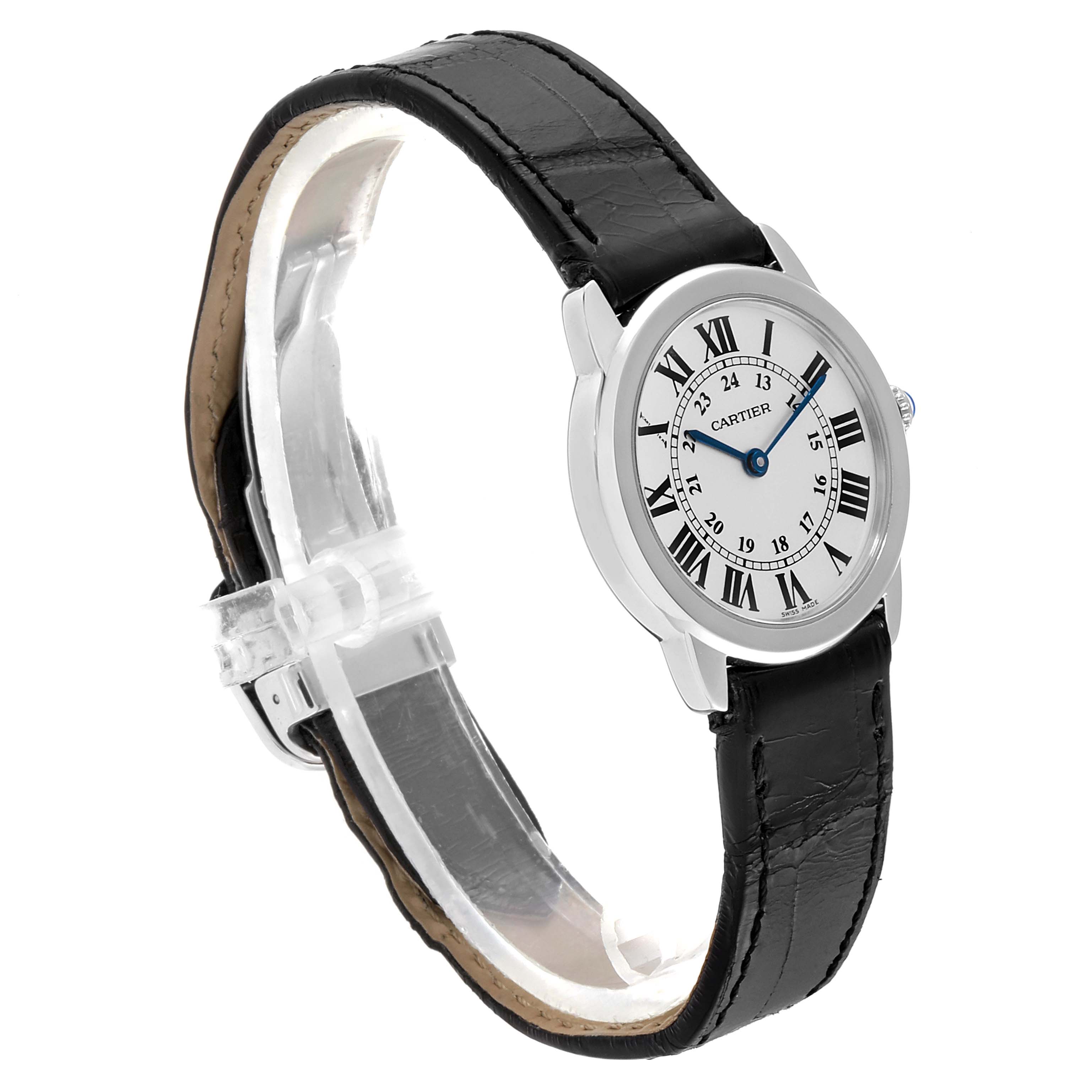 The image shows a side angle of a Ronde model Cartier watch, featuring a round face, Roman numerals, and a black leather strap.