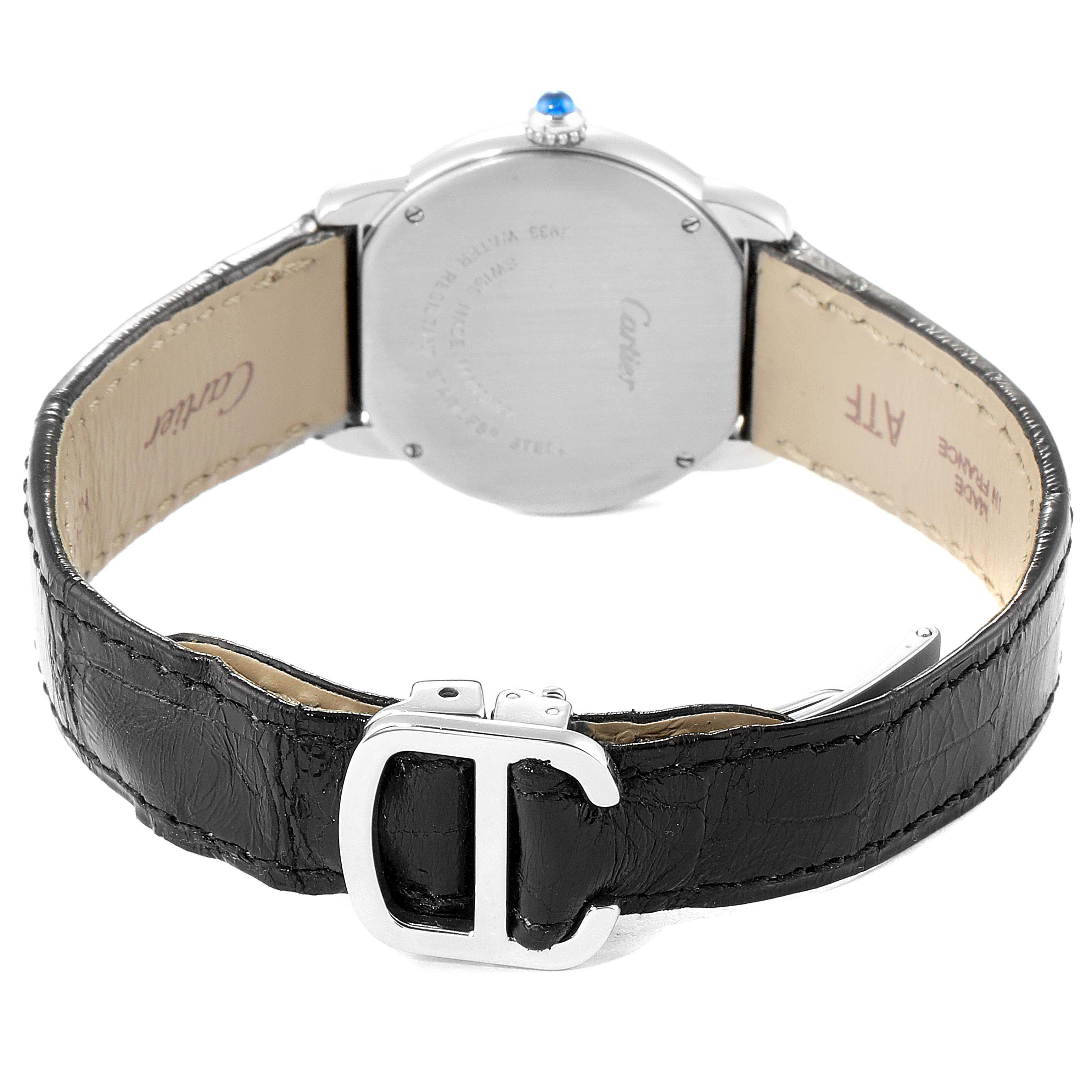 The image shows the back of the Cartier Ronde W6700155 Women's Stainless Steel Silver Dial W6700155 Women's Stainless Steel Silver Dial watch, featuring its leather strap and buckle.