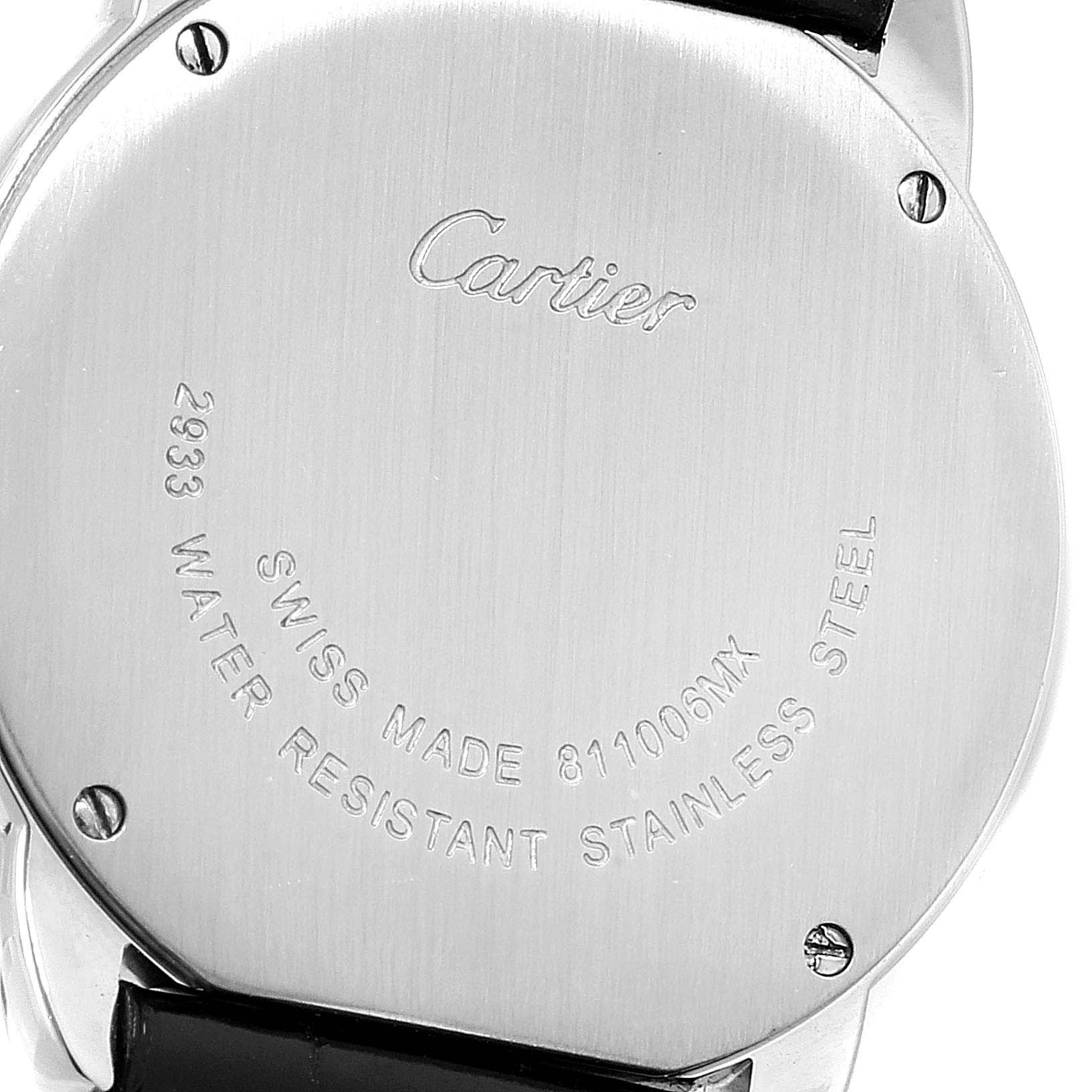 The image shows the back case of a Cartier Ronde W6700155 Women's Stainless Steel Silver Dial W6700155 Women's Stainless Steel Silver Dial watch, highlighting the engraved details and screws.
