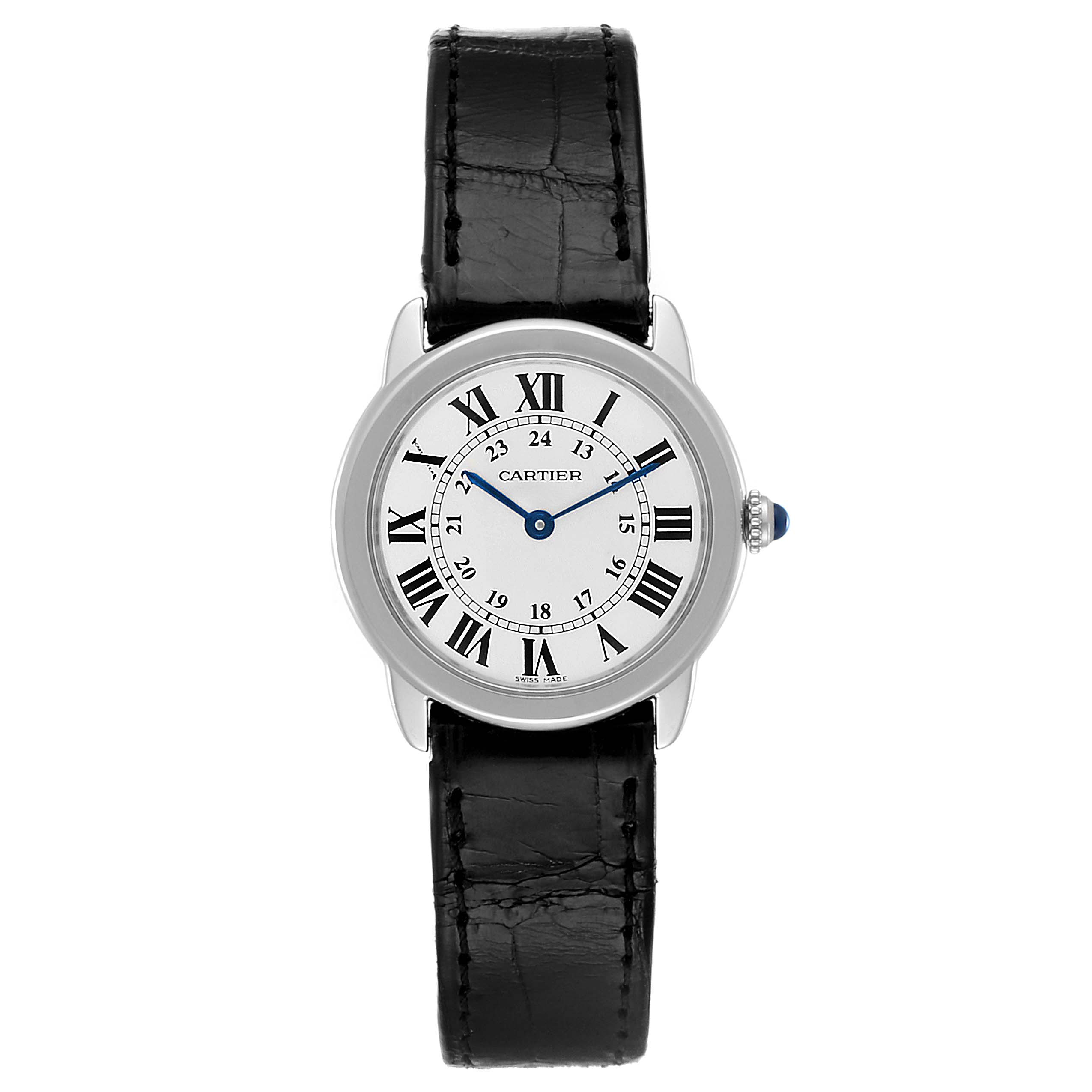 The image shows a frontal view of the Cartier Ronde W6700155 Women's Stainless Steel Silver Dial W6700155 Women's Stainless Steel Silver Dial model watch with a black leather strap and Roman numeral dial.