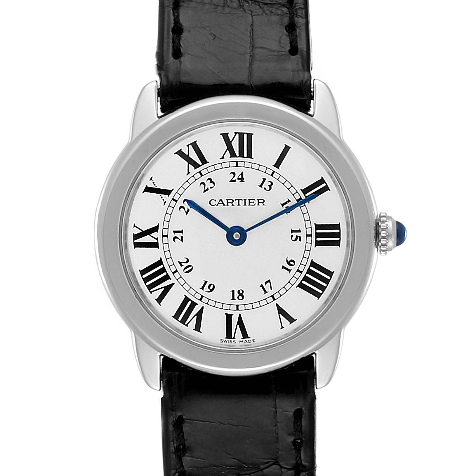 This image shows a front view of the Cartier Ronde W6700155 Women's Stainless Steel Silver Dial W6700155 Women's Stainless Steel Silver Dial model watch, displaying its face, Roman numerals, and black leather strap.