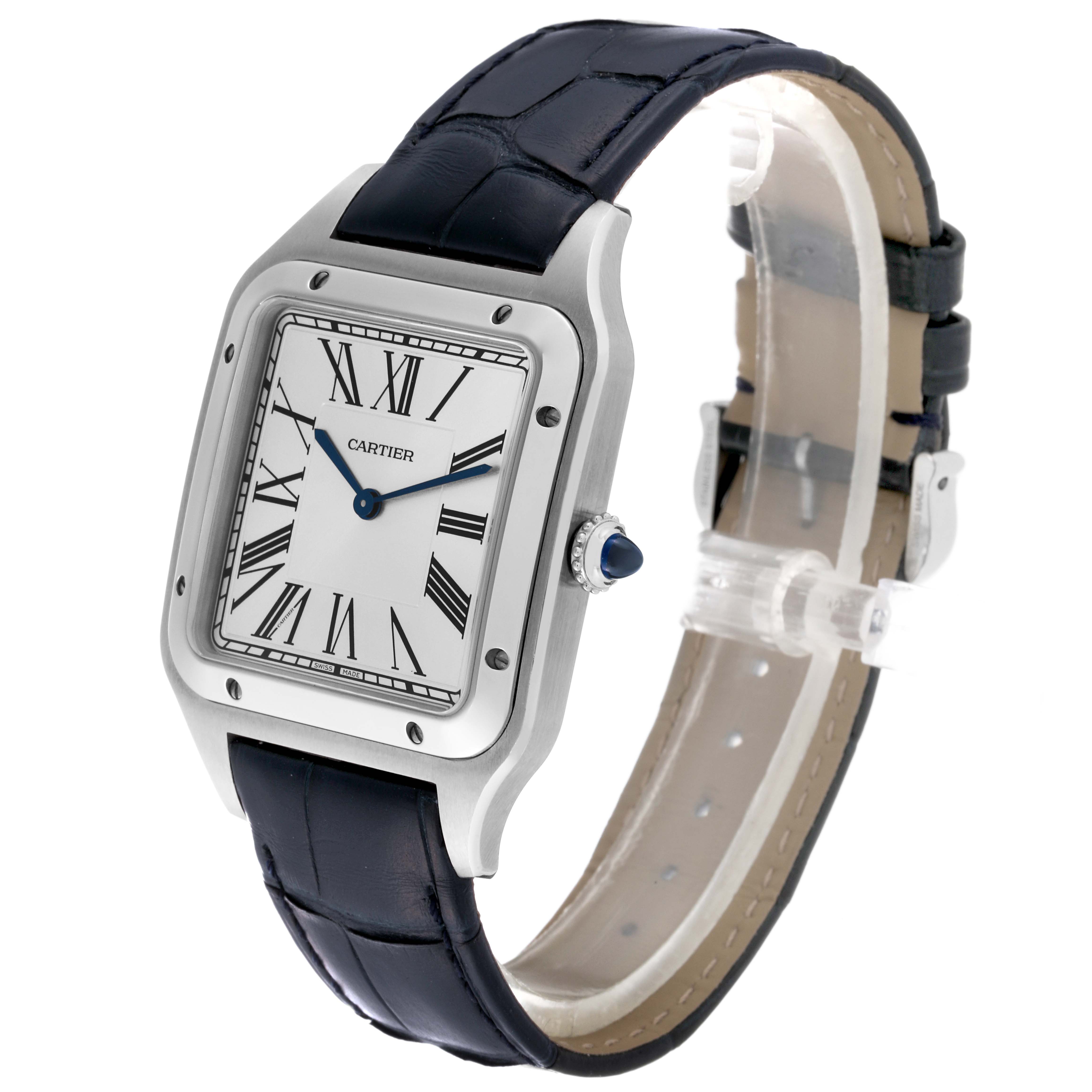 The Cartier Santos Dumont WSSA0032 Men's Stainless Steel Silver Dial WSSA0032 Men's Stainless Steel Silver Dial watch is shown from an angled side view, highlighting the face, bezel, and strap.