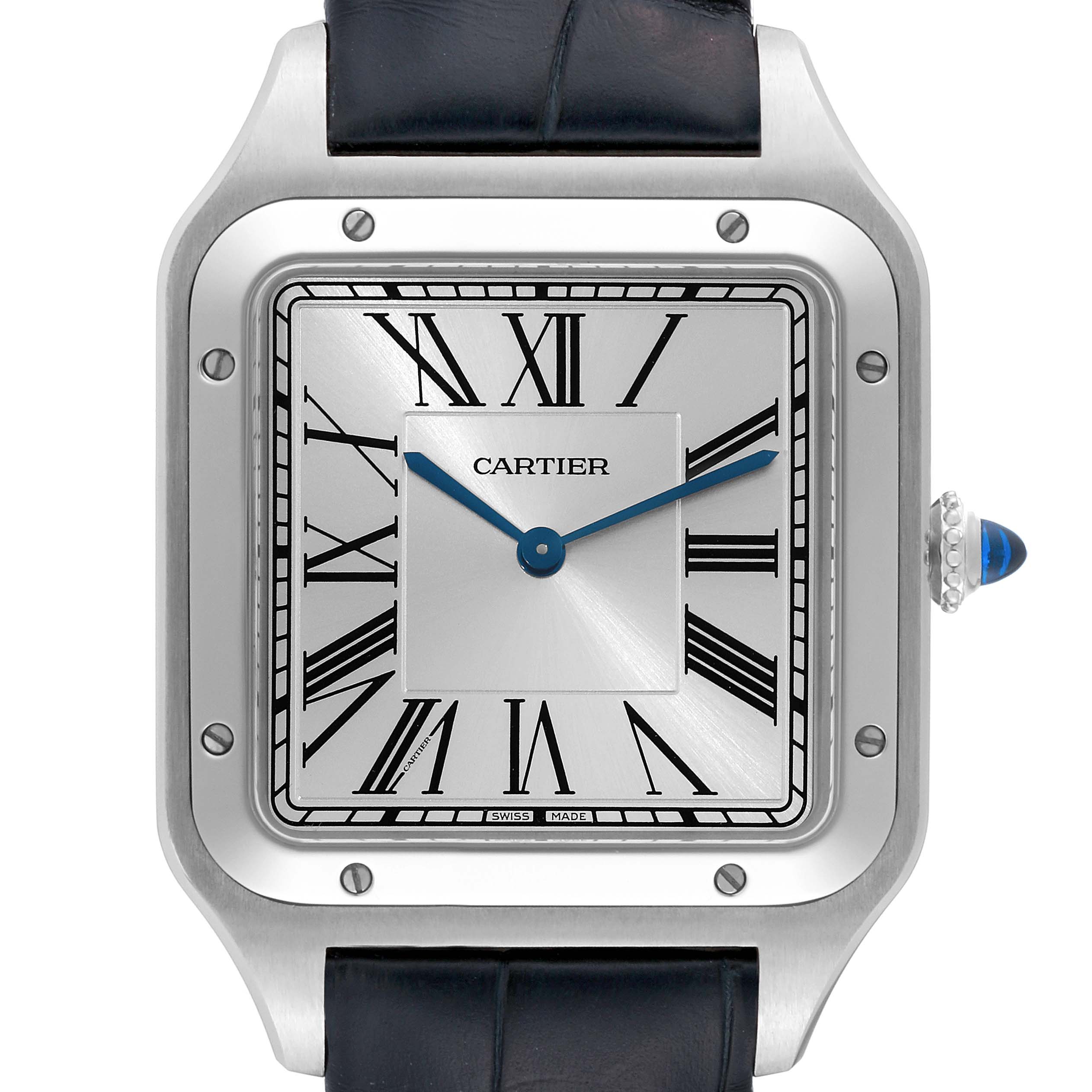 This is a close-up view showing the face, case, crown, and part of the strap of a Cartier Santos Dumont WSSA0032 Men's Stainless Steel Silver Dial WSSA0032 Men's Stainless Steel Silver Dial watch.