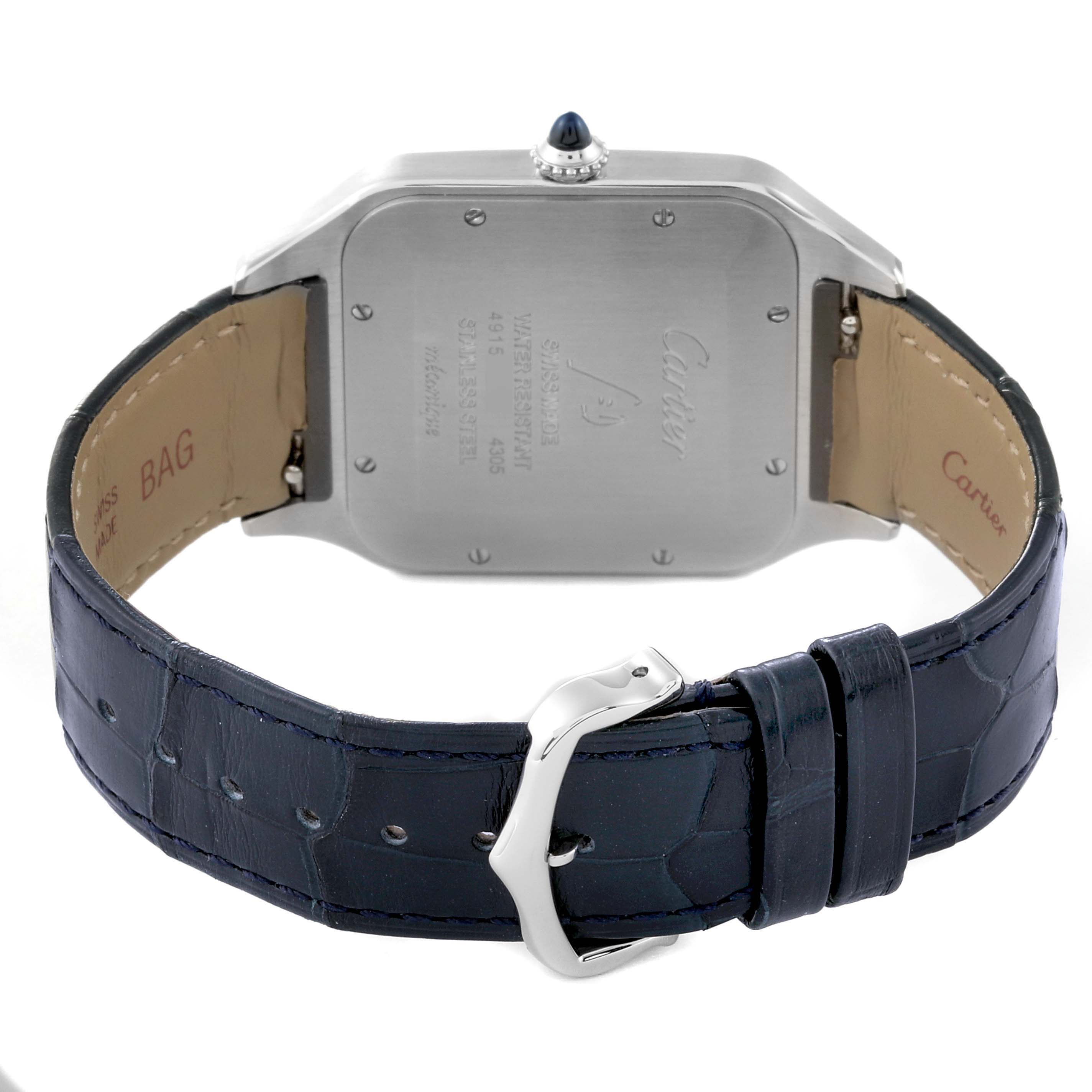 This image shows the back of the Santos Dumont watch by Cartier, including the case back and the leather strap with its buckle.