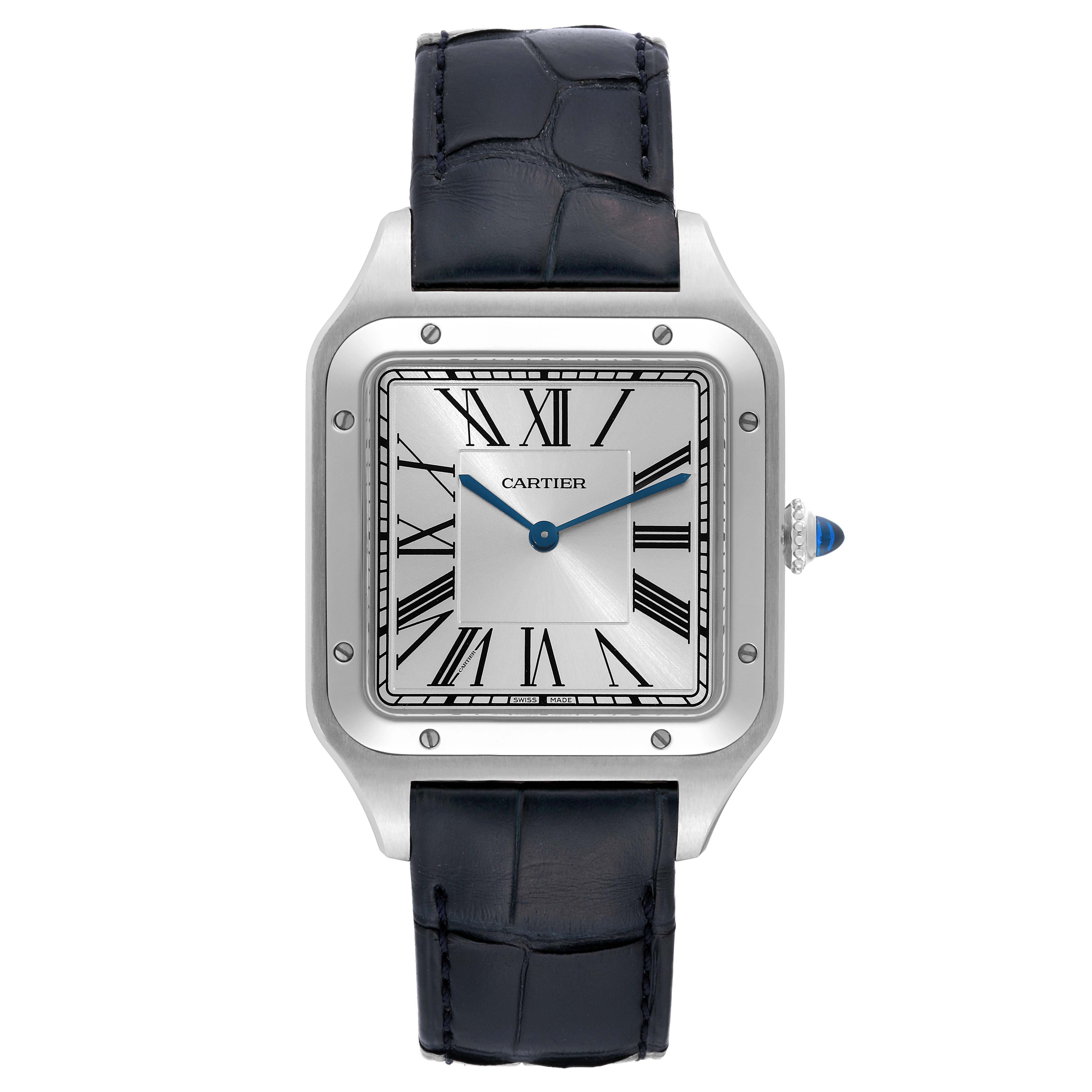 This image shows a front view of a Cartier Santos Dumont WSSA0032 Men's Stainless Steel Silver Dial WSSA0032 Men's Stainless Steel Silver Dial watch, highlighting the dial, case, and leather strap.