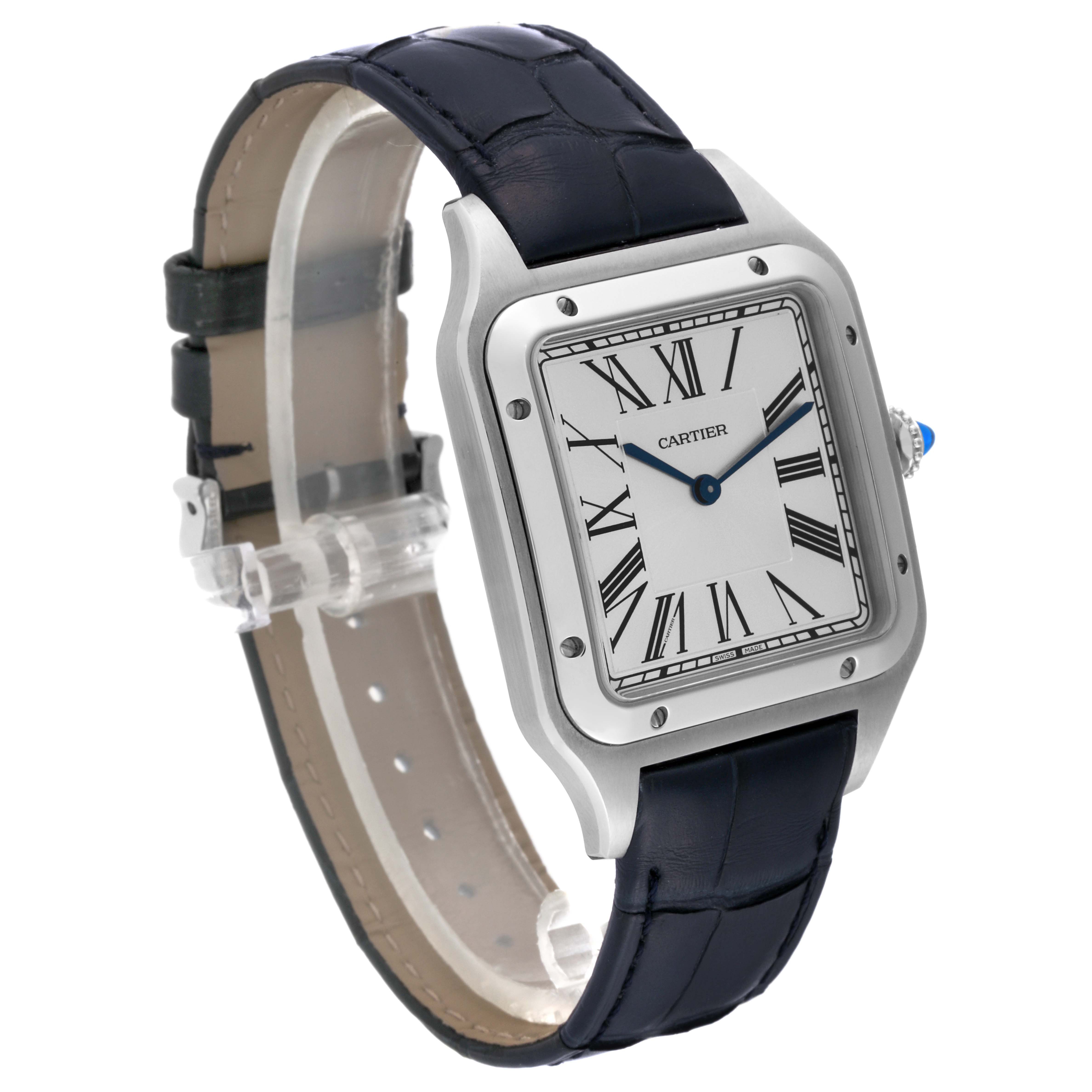 This image shows a Cartier Santos Dumont WSSA0032 Men's Stainless Steel Silver Dial WSSA0032 Men's Stainless Steel Silver Dial watch at a three-quarter angle, highlighting the face, Roman numerals, bezel, and leather strap.