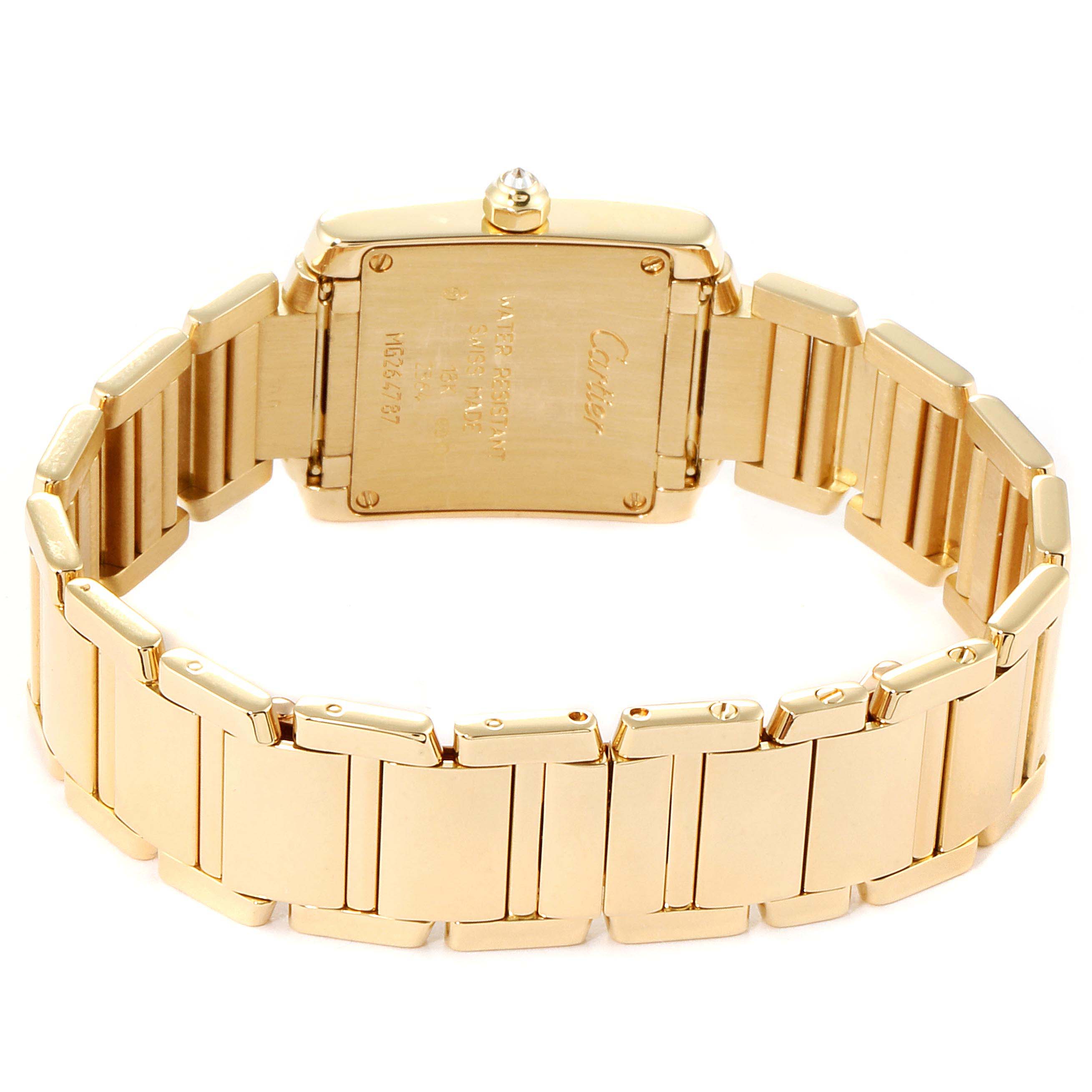 The image shows the backside of the Cartier Tank Francaise WE1001R8 Women's Yellow Gold Silver Dial WE1001R8 Women's Yellow Gold Silver Dial watch, featuring the case back and gold bracelet.