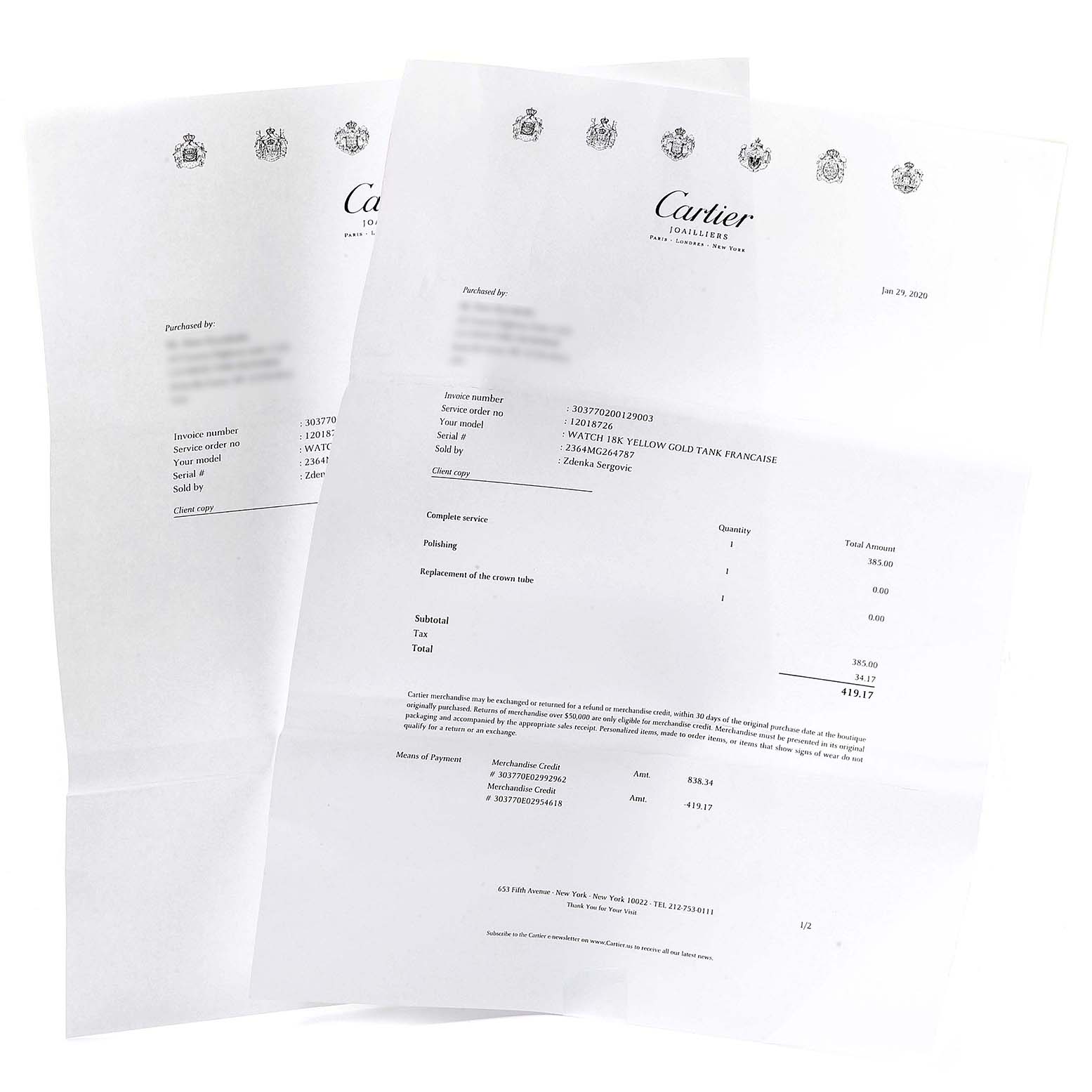 The image shows service records and invoices for a Cartier Tank Francaise WE1001R8 Women's Yellow Gold Silver Dial WE1001R8 Women's Yellow Gold Silver Dial watch from an overhead angle.