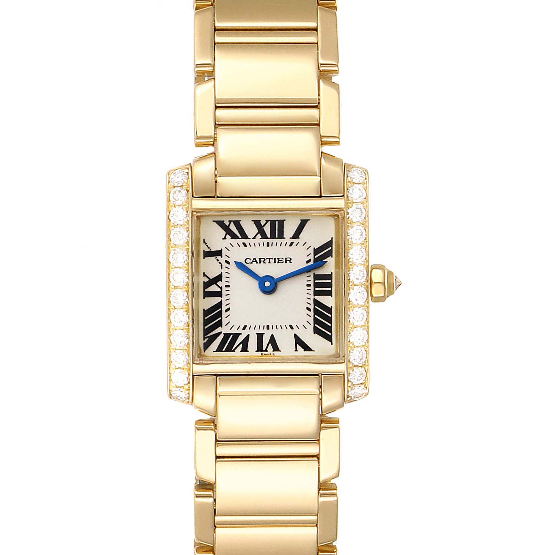 The image shows a front view of a Cartier Tank Française watch, highlighting its square face, bracelet, and diamond accents.