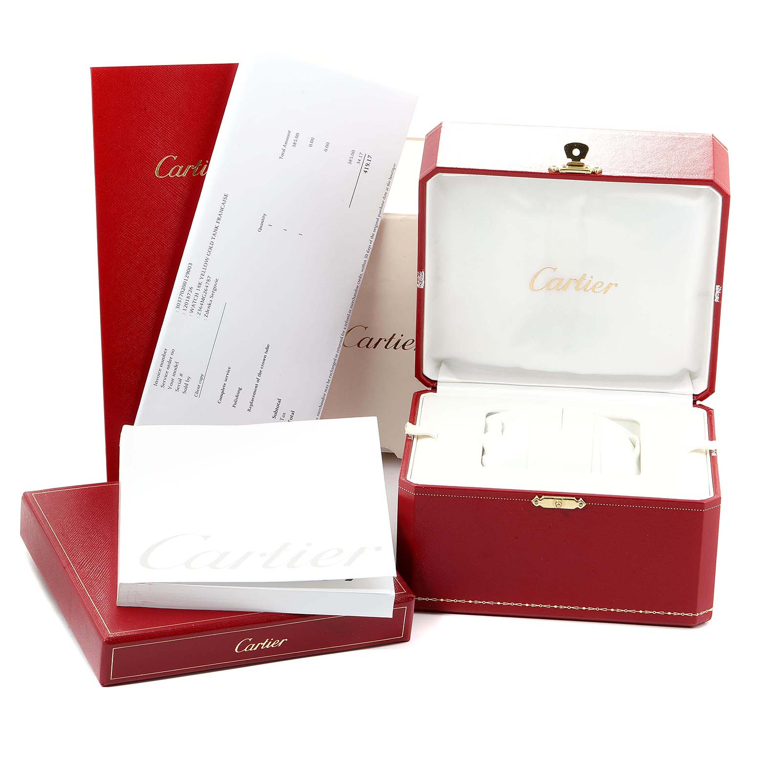 The image shows the packaging and accessories for a Cartier Tank Francaise WE1001R8 Women's Yellow Gold Silver Dial WE1001R8 Women's Yellow Gold Silver Dial watch, including a red box, warranty, and instruction booklet.