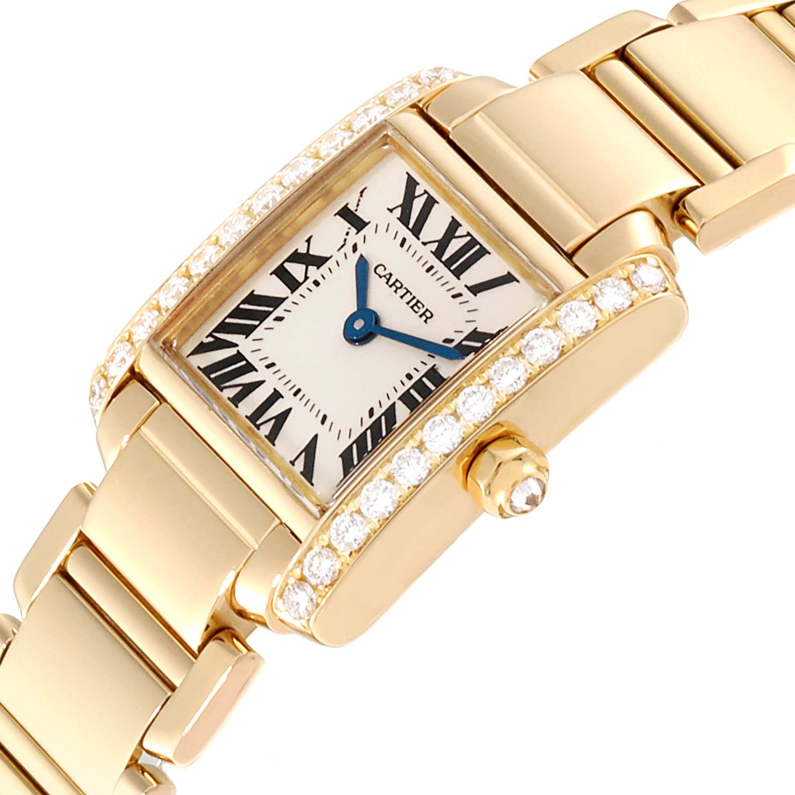 The image shows a close-up view of the Cartier Tank Francaise WE1001R8 Women's Yellow Gold Silver Dial WE1001R8 Women's Yellow Gold Silver Dial watch, highlighting its gold case, bracelet, diamond accents, and Roman numeral dial.