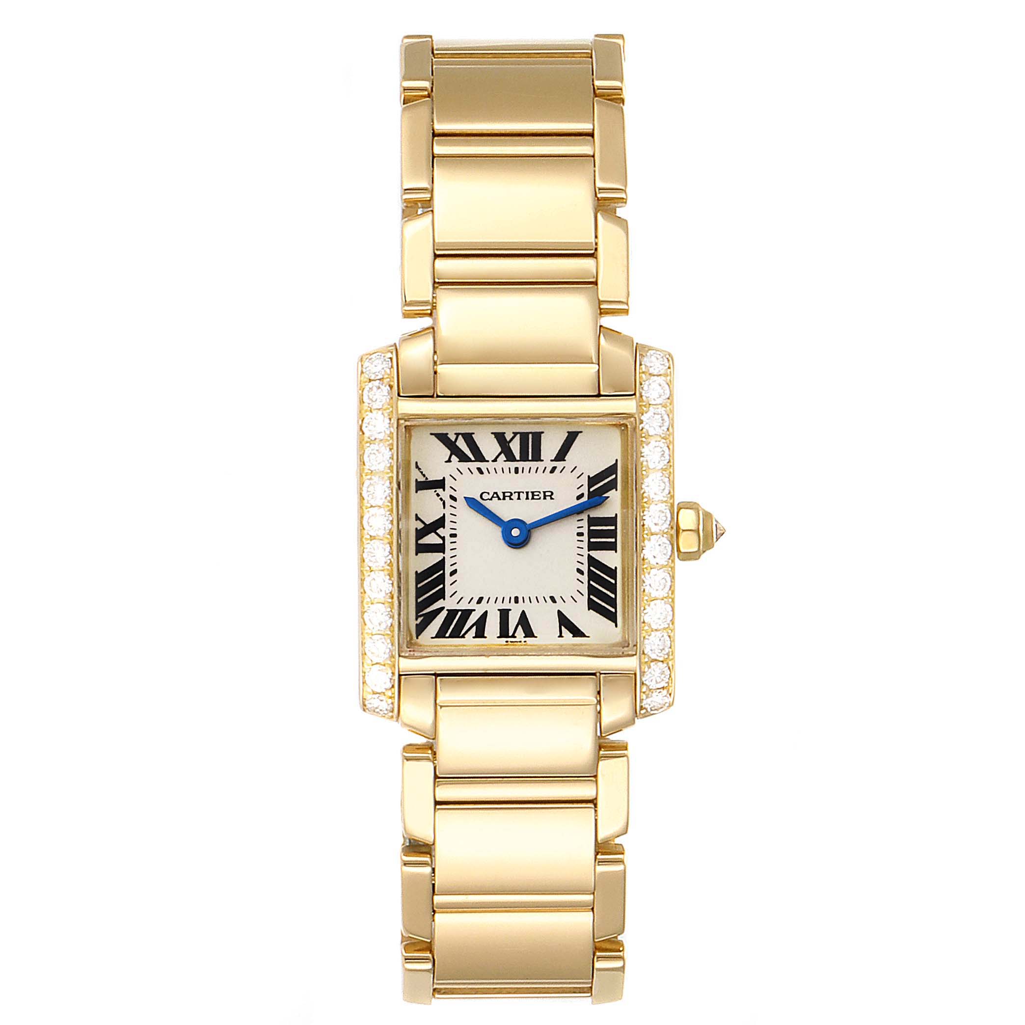This image shows a front view of the Cartier Tank Française watch, highlighting its diamond-set bezel and gold bracelet.