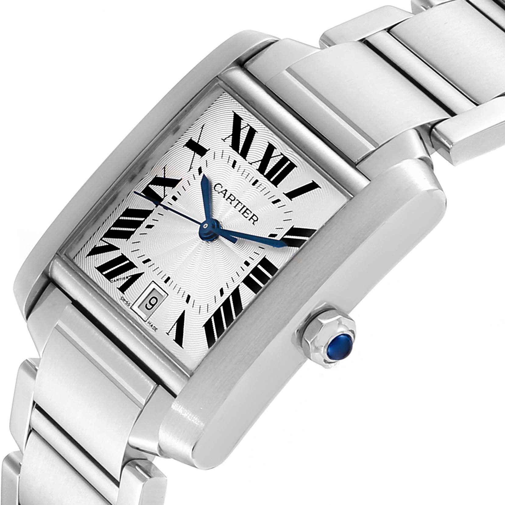 The image shows a close-up of the Cartier Tank Francaise W51002Q3 Men's Stainless Steel Silver Dial W51002Q3 Men's Stainless Steel Silver Dial watch, highlighting the face, dial, and part of the bracelet.