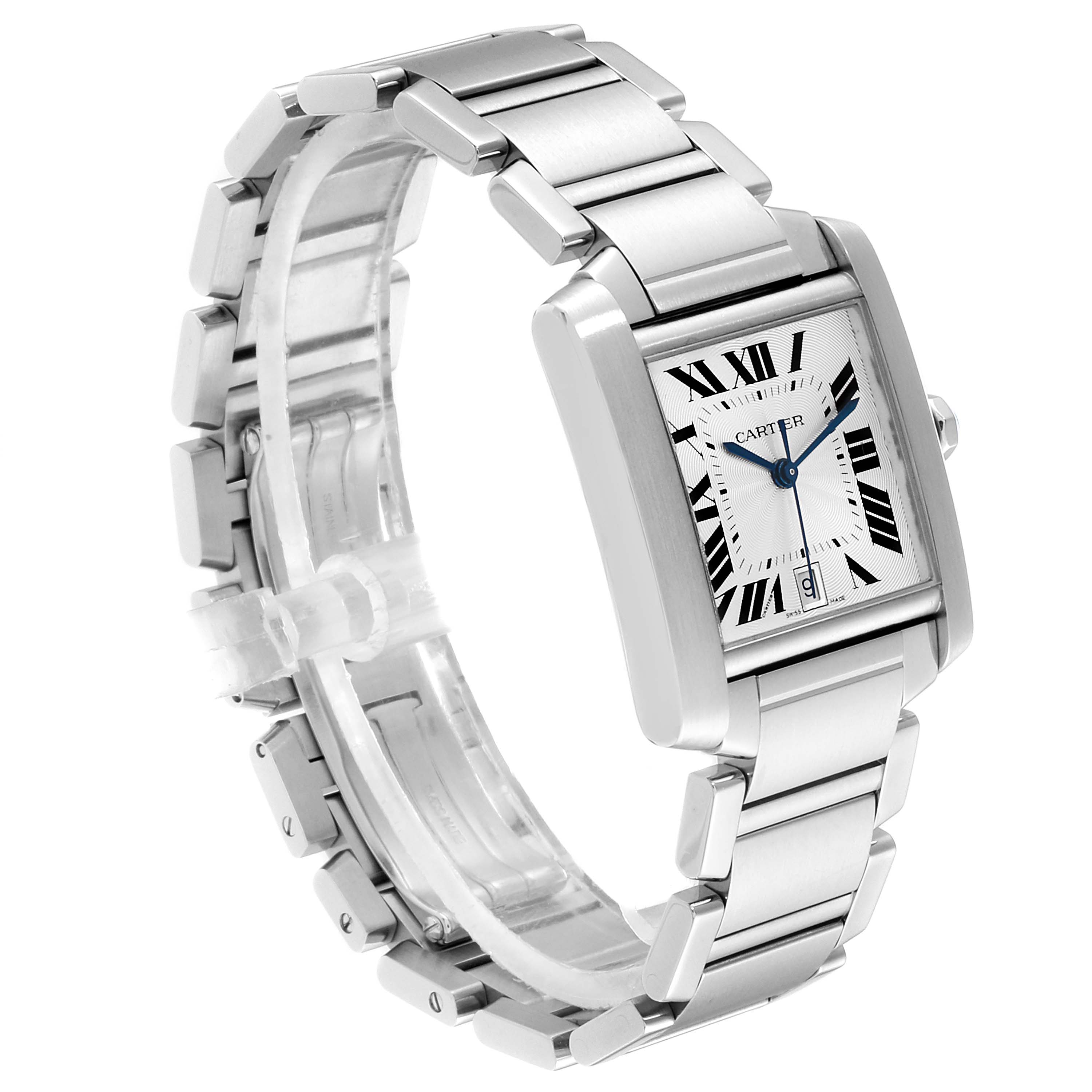 This image shows a Cartier Tank Française watch from an angled side view, highlighting the bracelet and rectangular face.