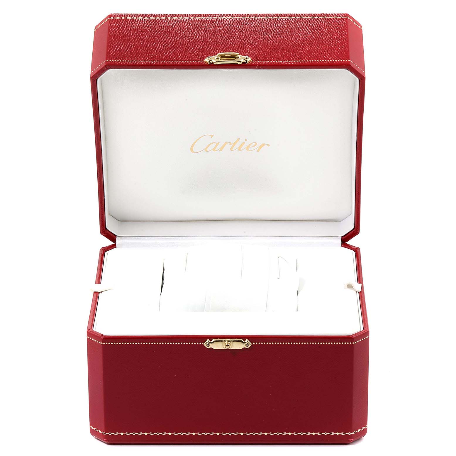 The image shows a red Cartier box, open to reveal its interior, commonly used for housing the Tank Francaise model watch.