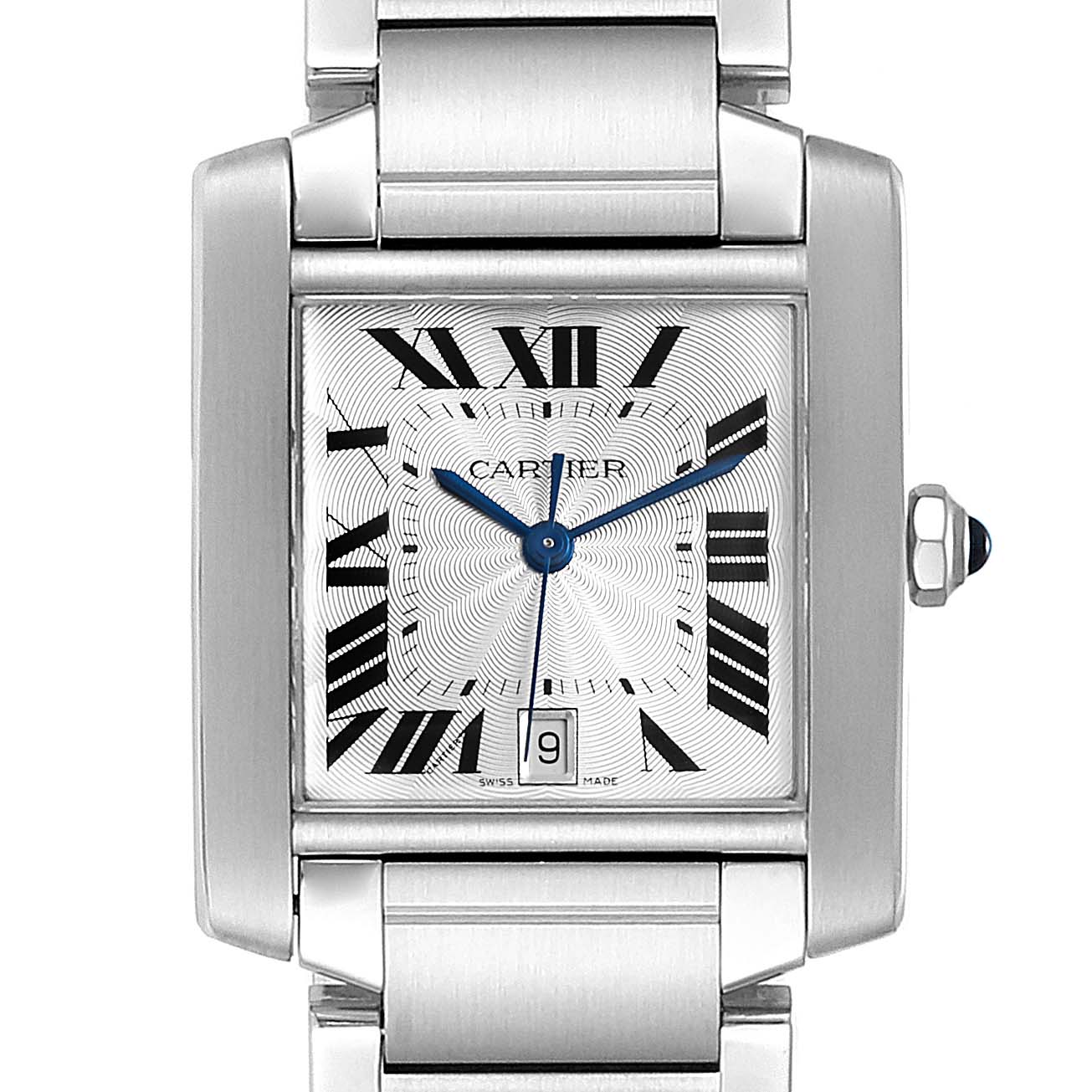 The Cartier Tank Francaise W51002Q3 Men's Stainless Steel Silver Dial W51002Q3 Men's Stainless Steel Silver Dial watch is shown from the front, showcasing its rectangular face, Roman numeral dial, and metal bracelet.