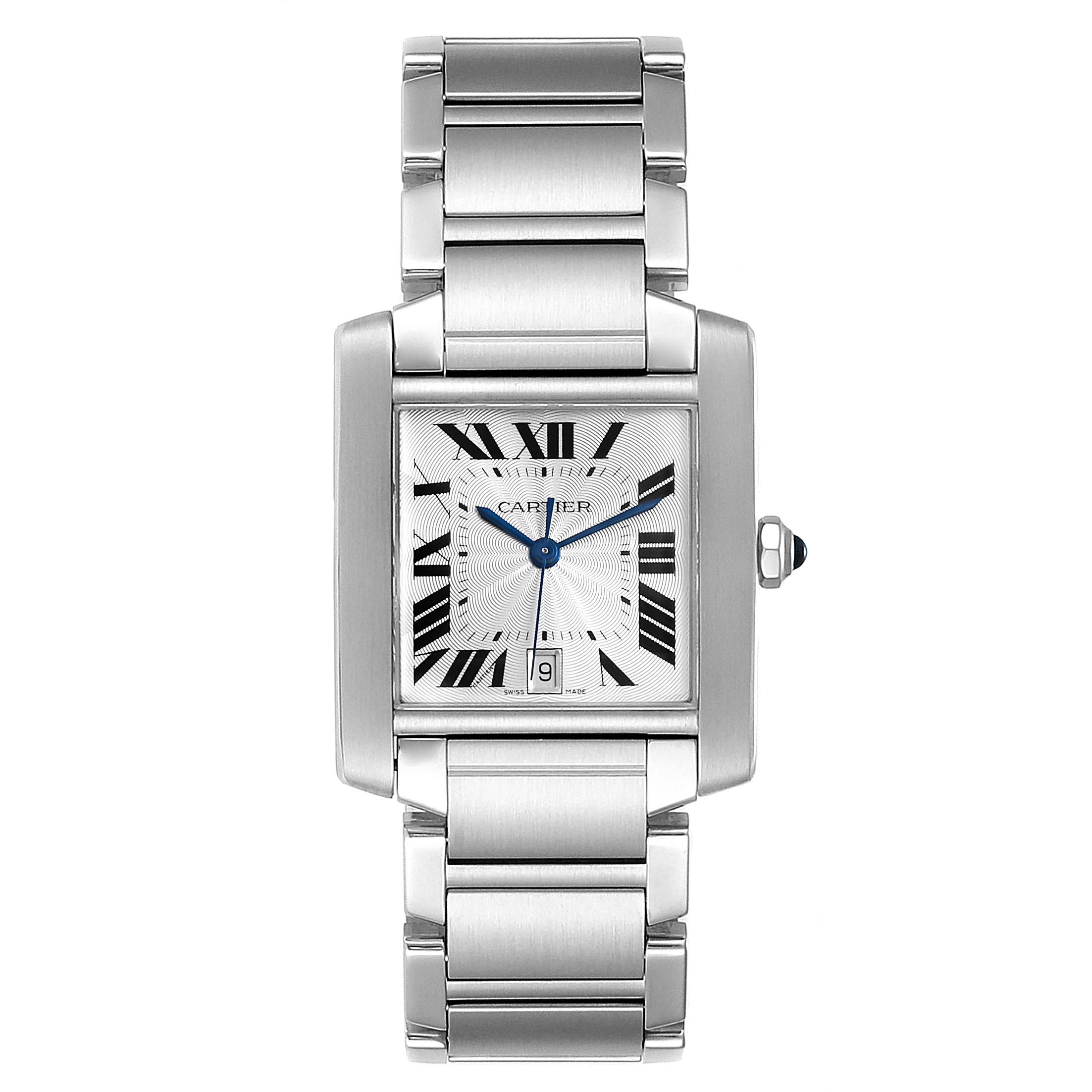 This image shows a front view of the Cartier Tank Francaise W51002Q3 Men's Stainless Steel Silver Dial W51002Q3 Men's Stainless Steel Silver Dial watch, displaying the face, bracelet, and crown.