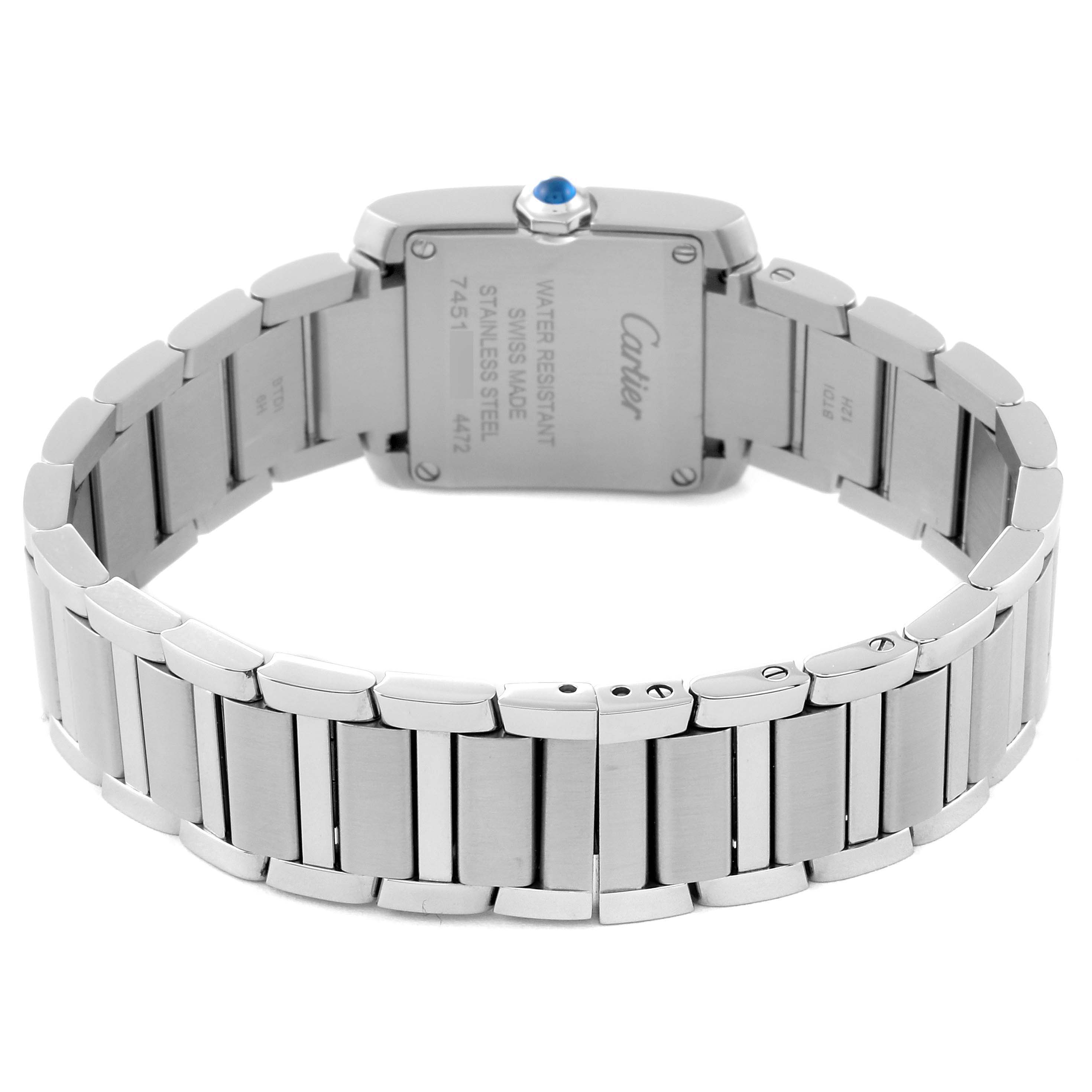 This image shows the back view of the Cartier Tank Française watch, focusing on its stainless steel bracelet and case back.