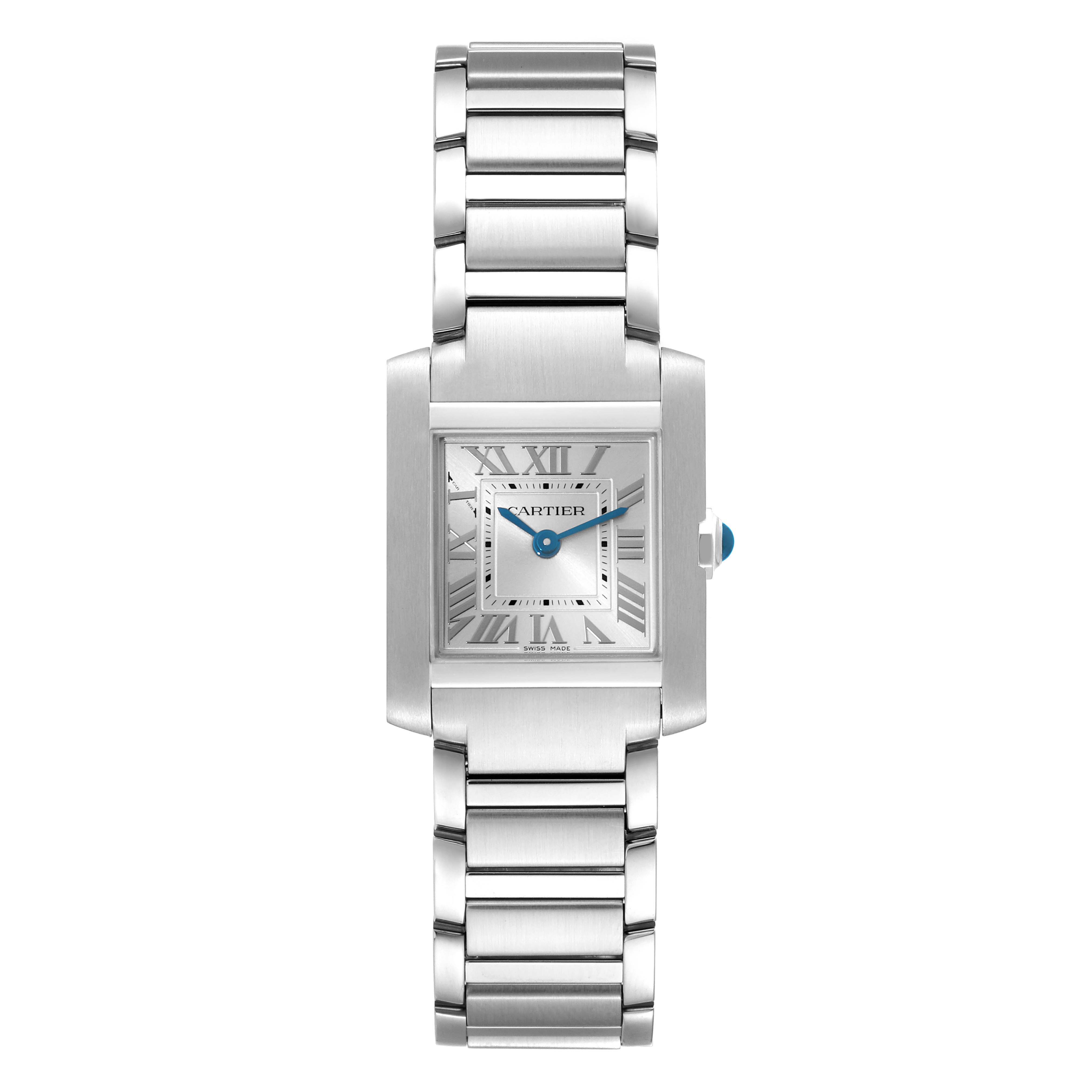 The image shows a Cartier Tank Française watch, front view, displaying the rectangular face, Roman numerals, and metal bracelet.