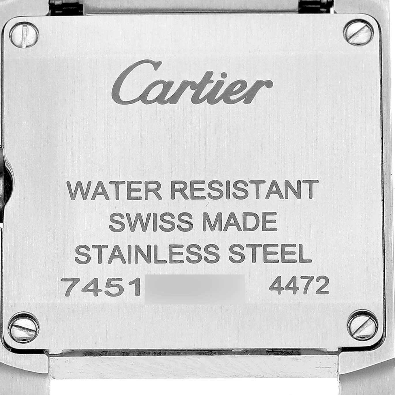 The image shows the back case of a Cartier Tank Francaise WSTA0065 Women
s Stainless Steel Silver Dial WSTA0065 Women
s Stainless Steel Silver Dial watch, highlighting its water resistance, Swiss origin, and stainless steel material.