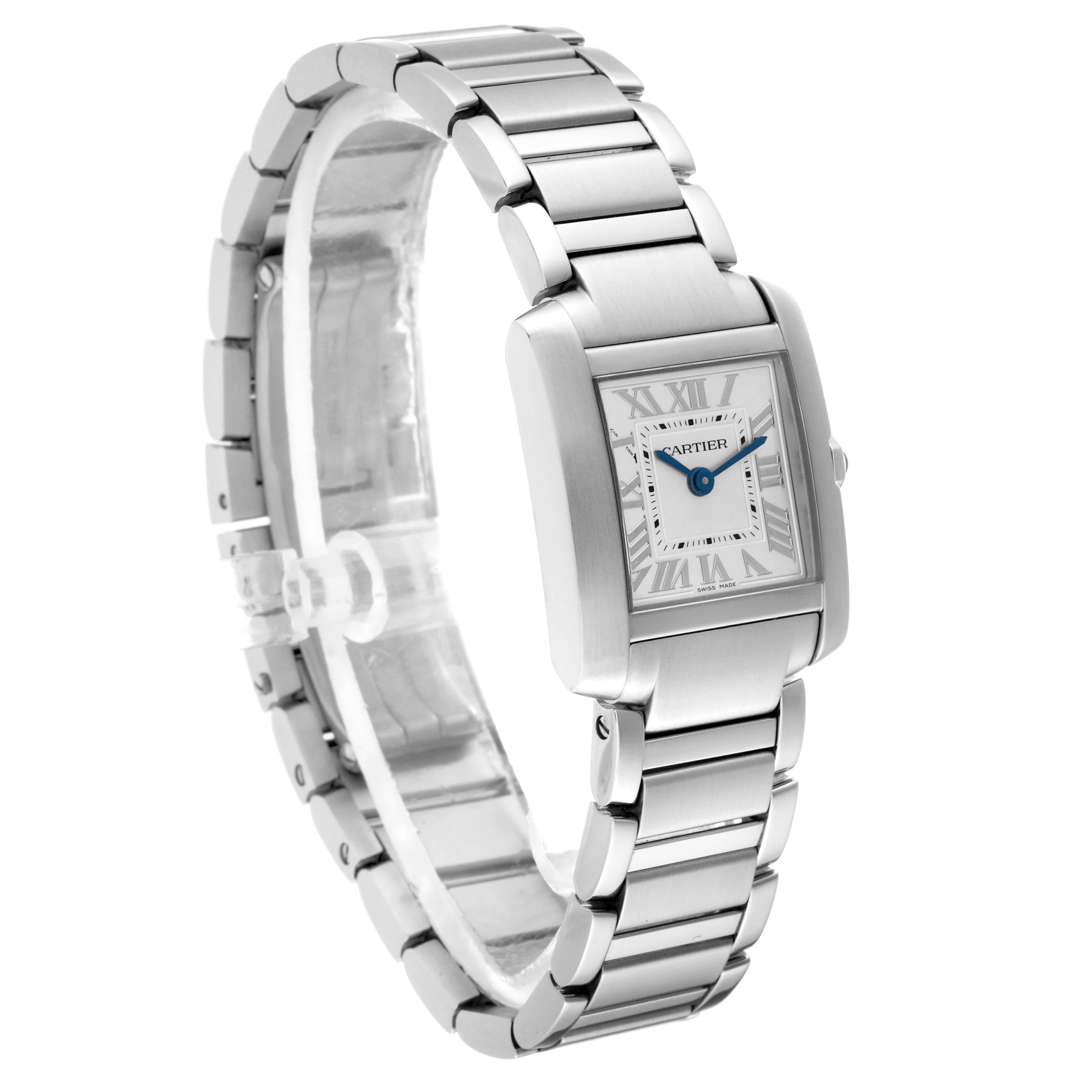 The image shows a Cartier Tank Francaise WSTA0065 Women
s Stainless Steel Silver Dial WSTA0065 Women
s Stainless Steel Silver Dial watch from a three-quarter angle, highlighting its face, bezel, and bracelet.