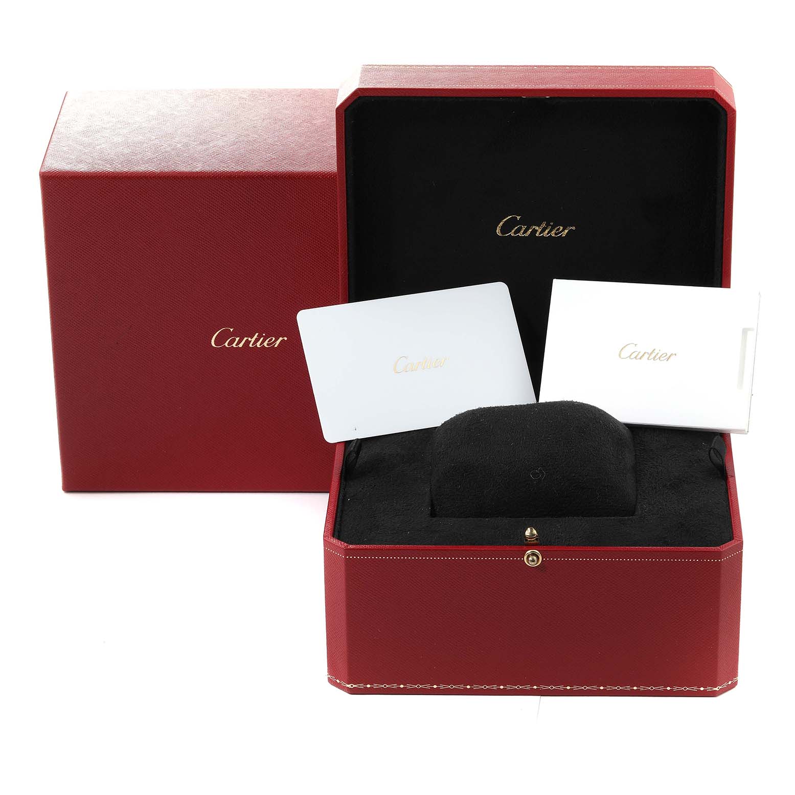 The image shows the packaging and accessories, including manuals and a cushion, for the Cartier Tank Francaise WSTA0065 Women
s Stainless Steel Silver Dial WSTA0065 Women
s Stainless Steel Silver Dial watch.